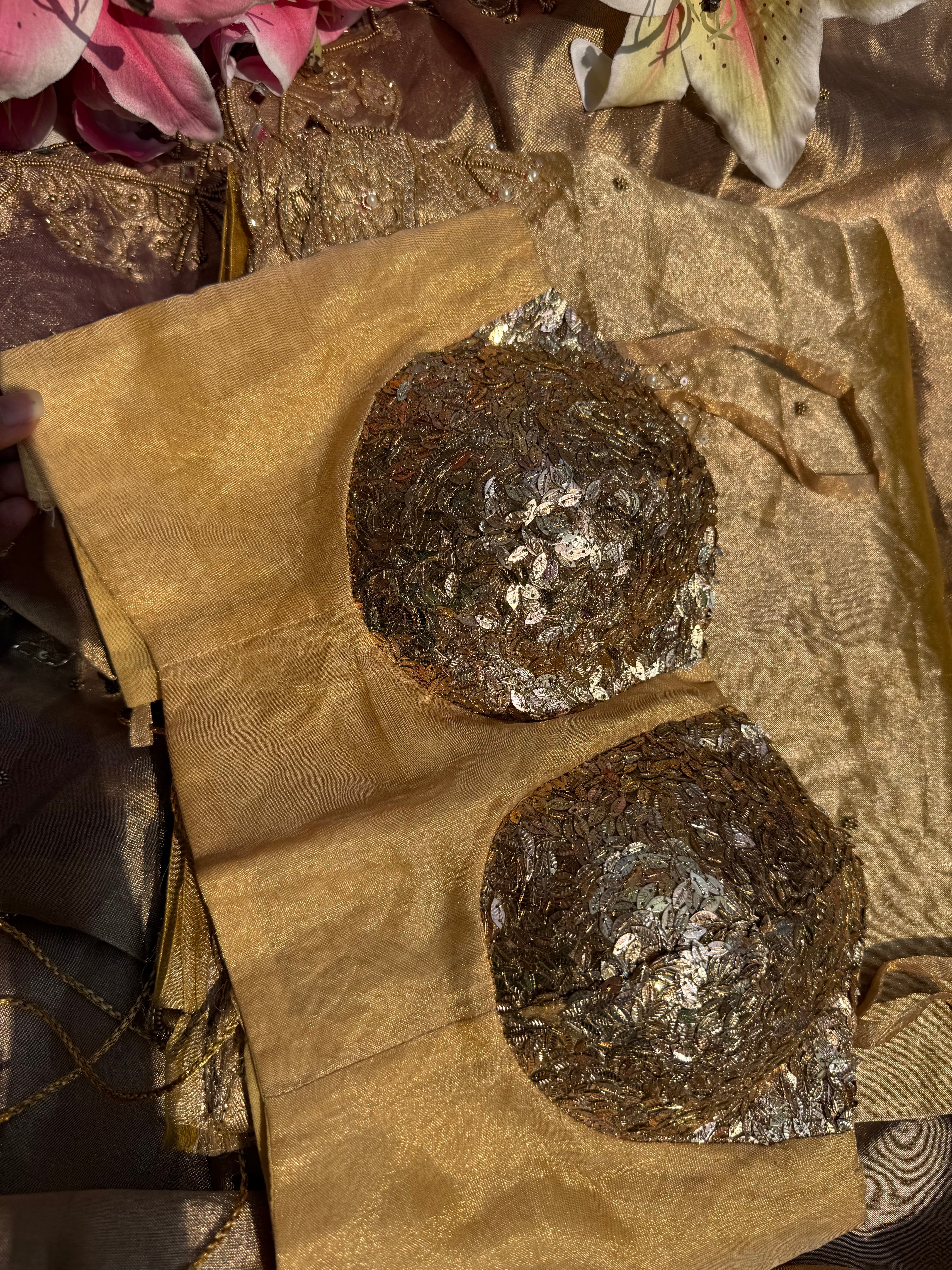 Golden sequence tissue silk free size blouse piece