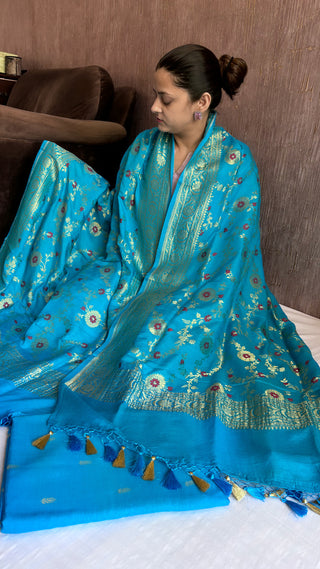 Firozi blue moonga silk meenedar kadhwa jaal suit set