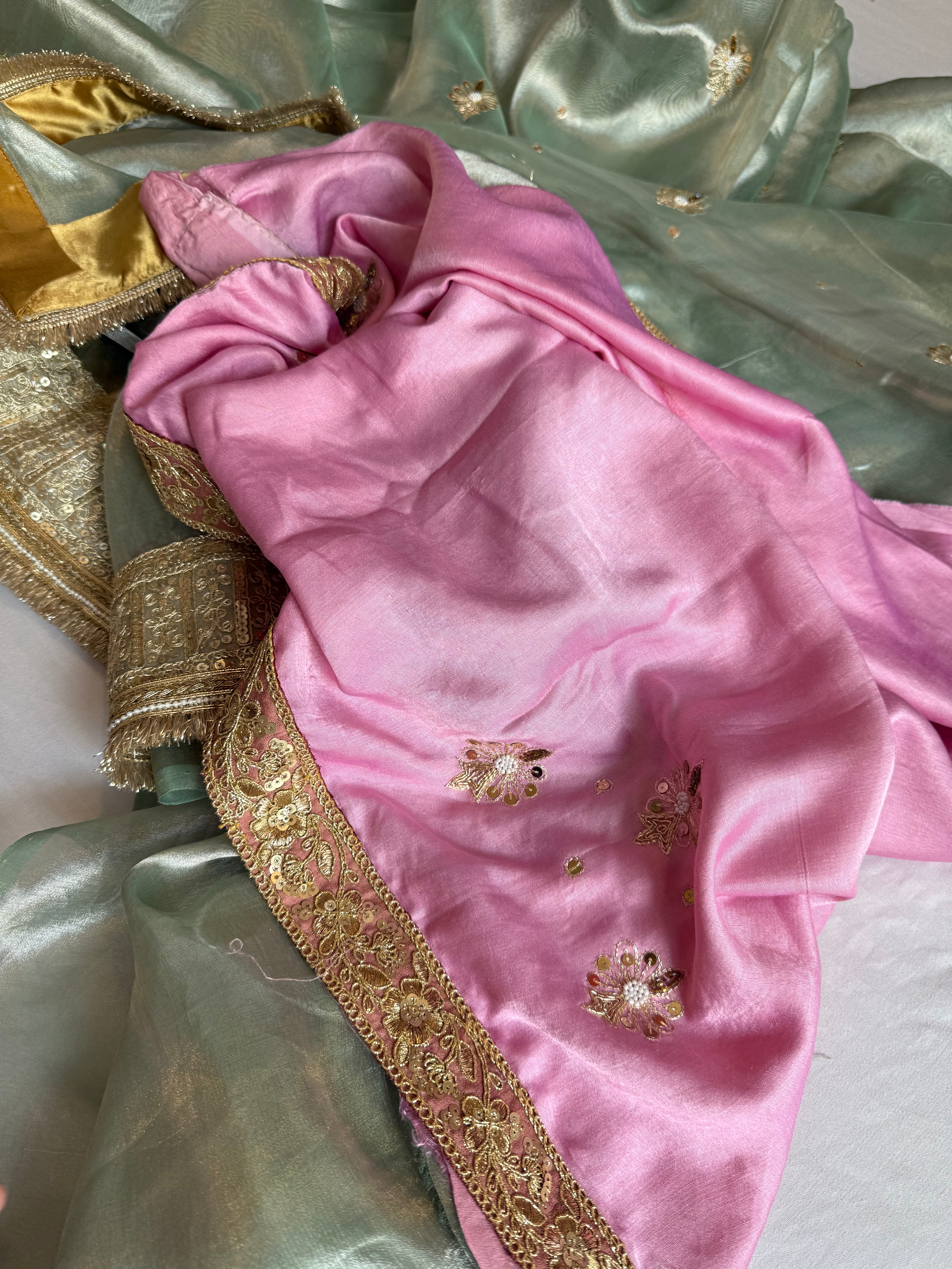 Hina khan inspired sage-green blush pink hand embroidered kadhwa tissue saree