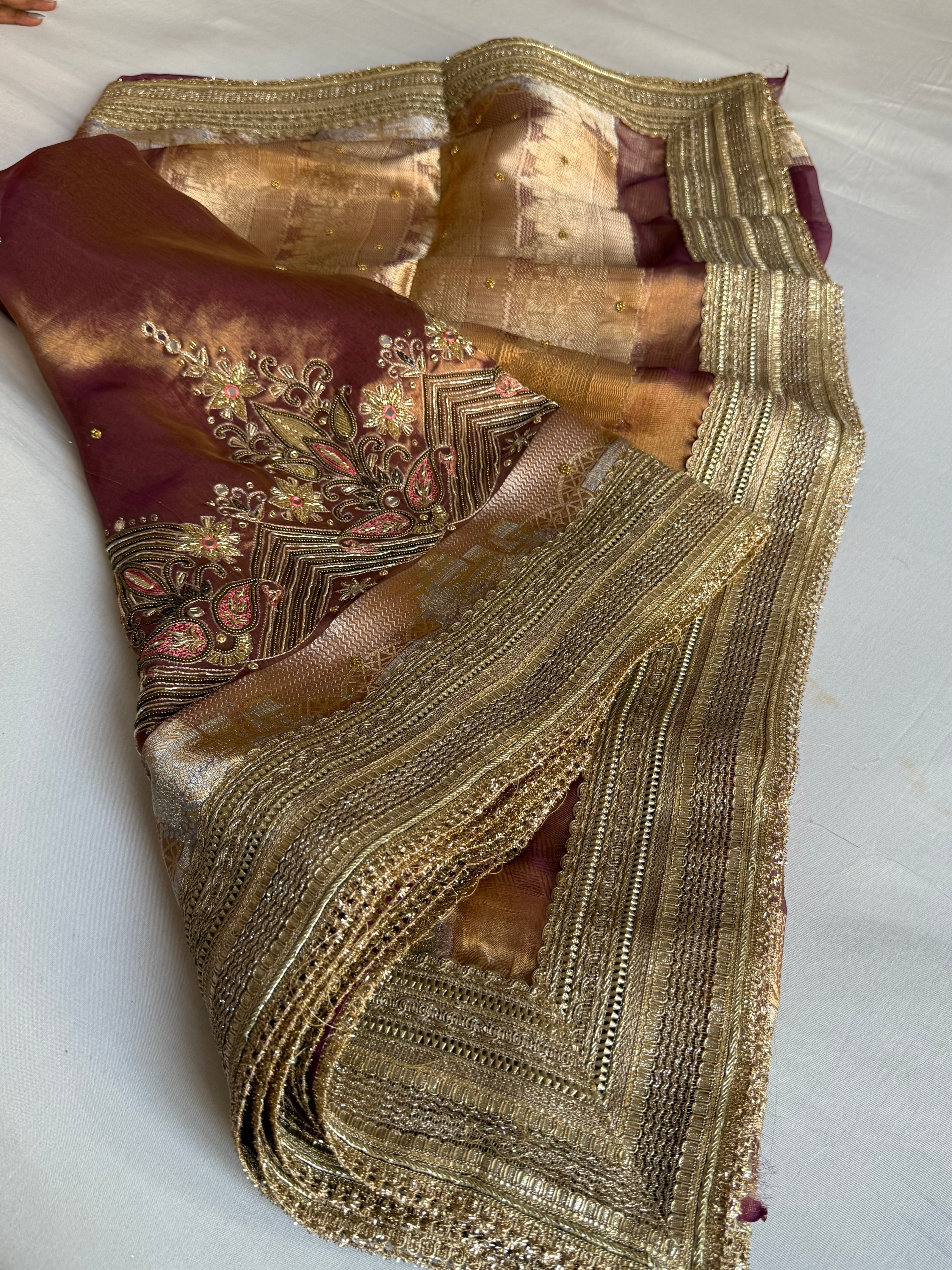 Mughal motif inspired- Kanjivaram purple dhup chao effect husn tissue silk hand embroidered saree