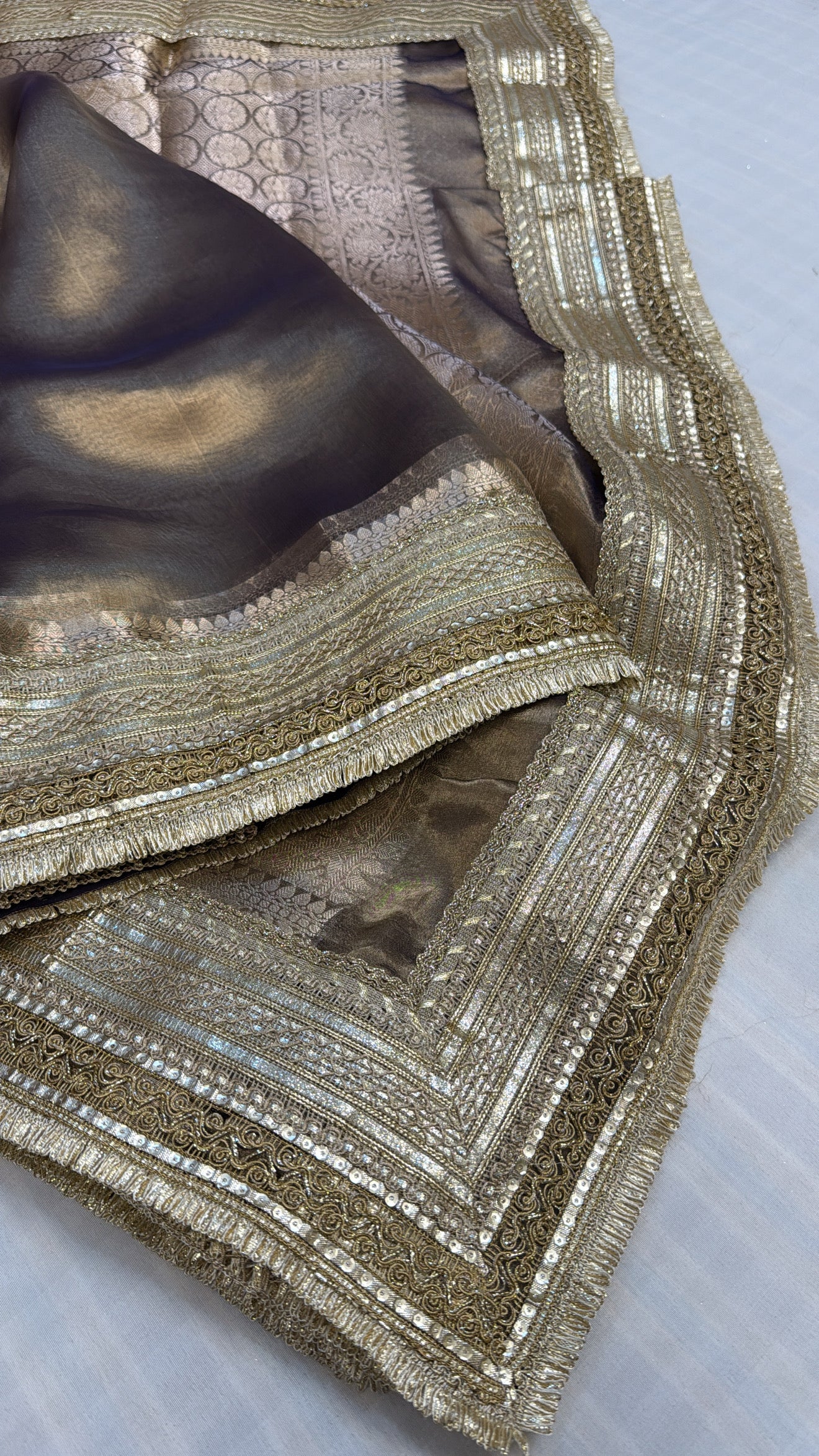 Maharani english mouse grey tissue silk kadhwa gotapatti saree