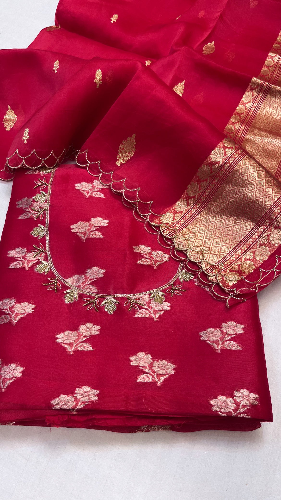 Heeramandi red kora silk hand embroidered kadhwa suit set