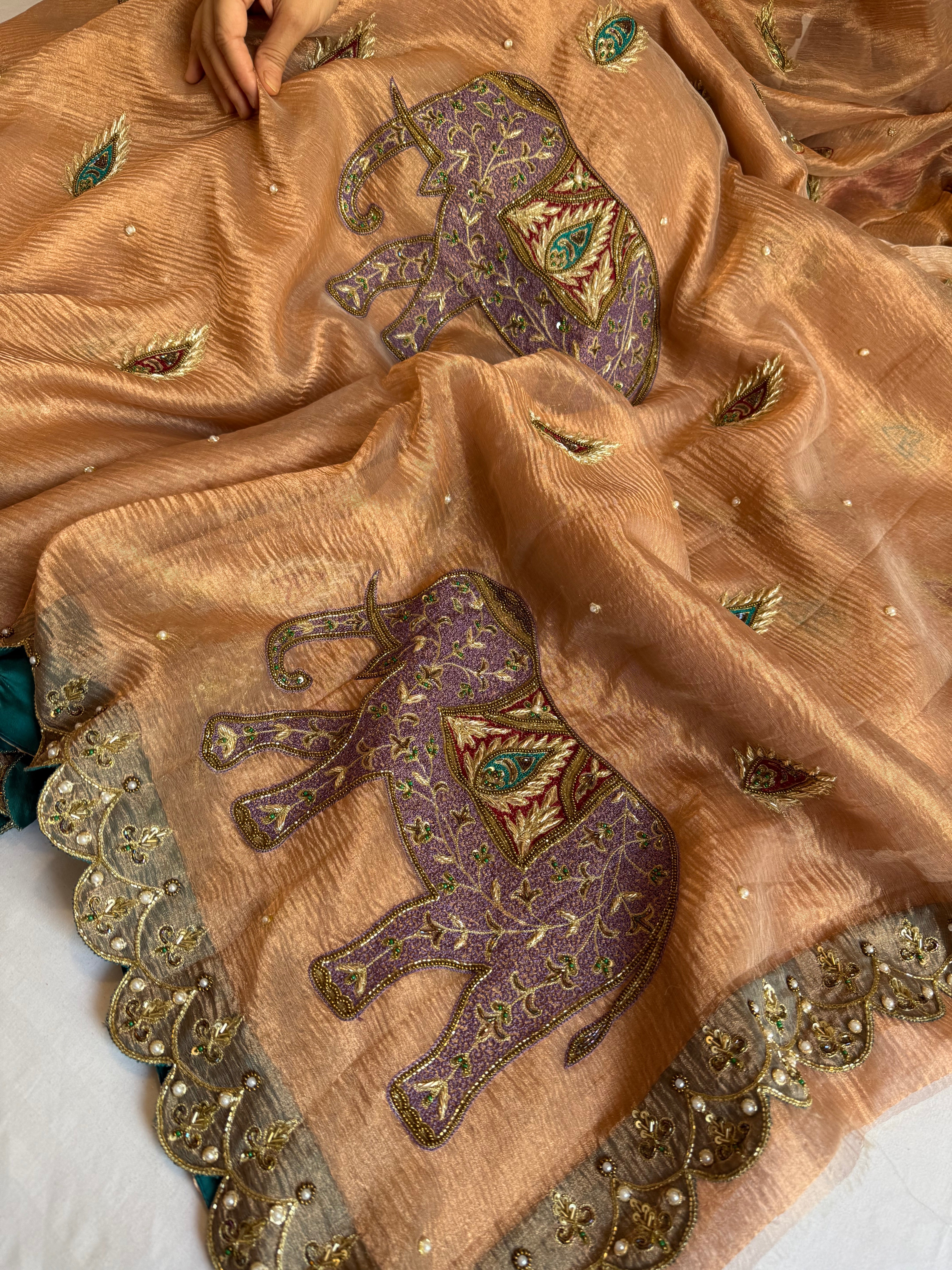 Gajgamini crushed copper tissue silk elephant meenakari motif heavy hand embroidered saree
