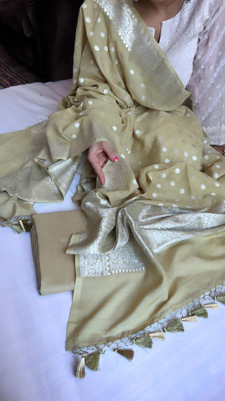 Pale olive green moonga silk kohniya buti kadhwa suit set