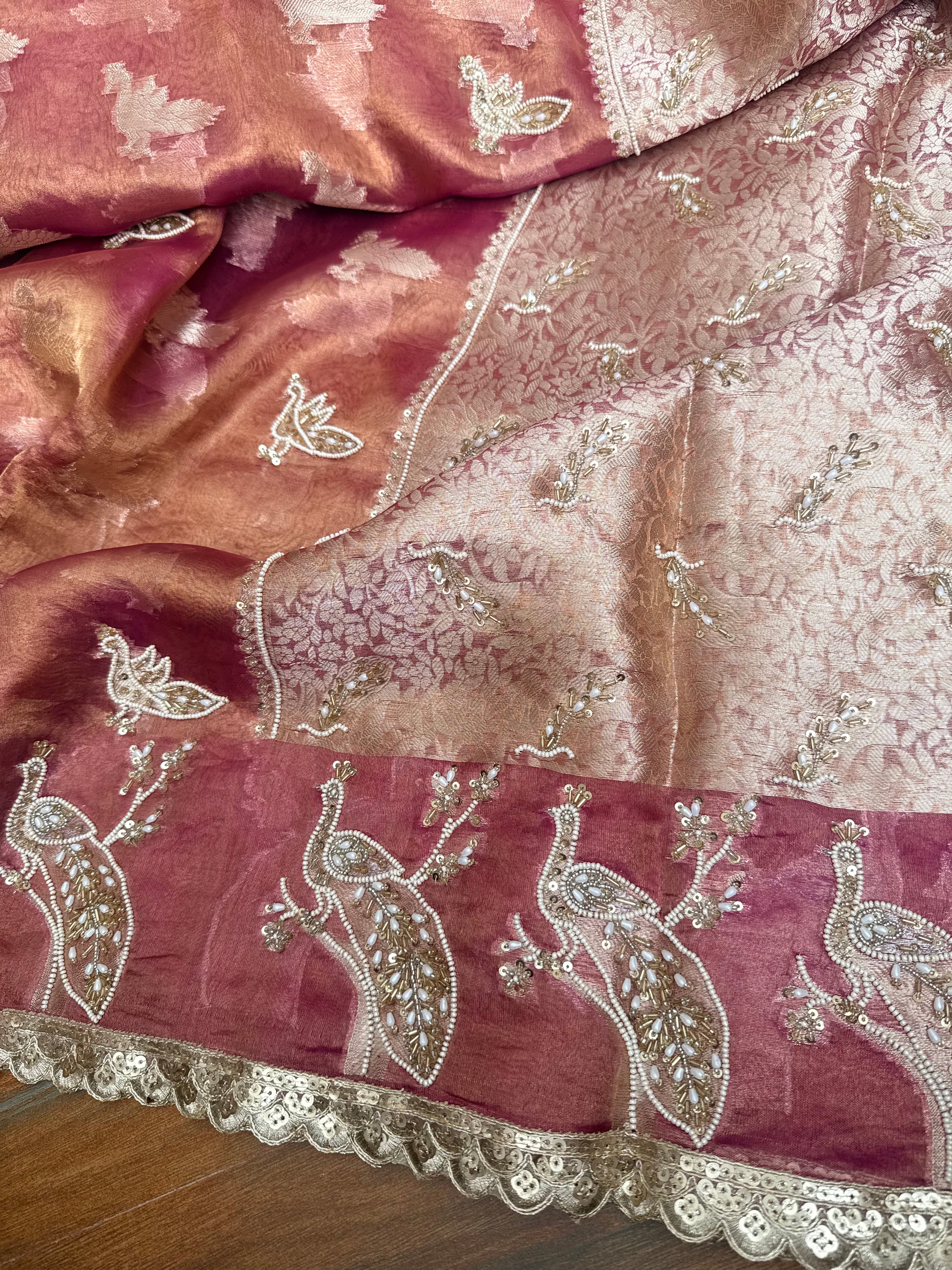 Tyohaar edit - Pearlwork morni hand embroidered tissue silk kadhwa saree