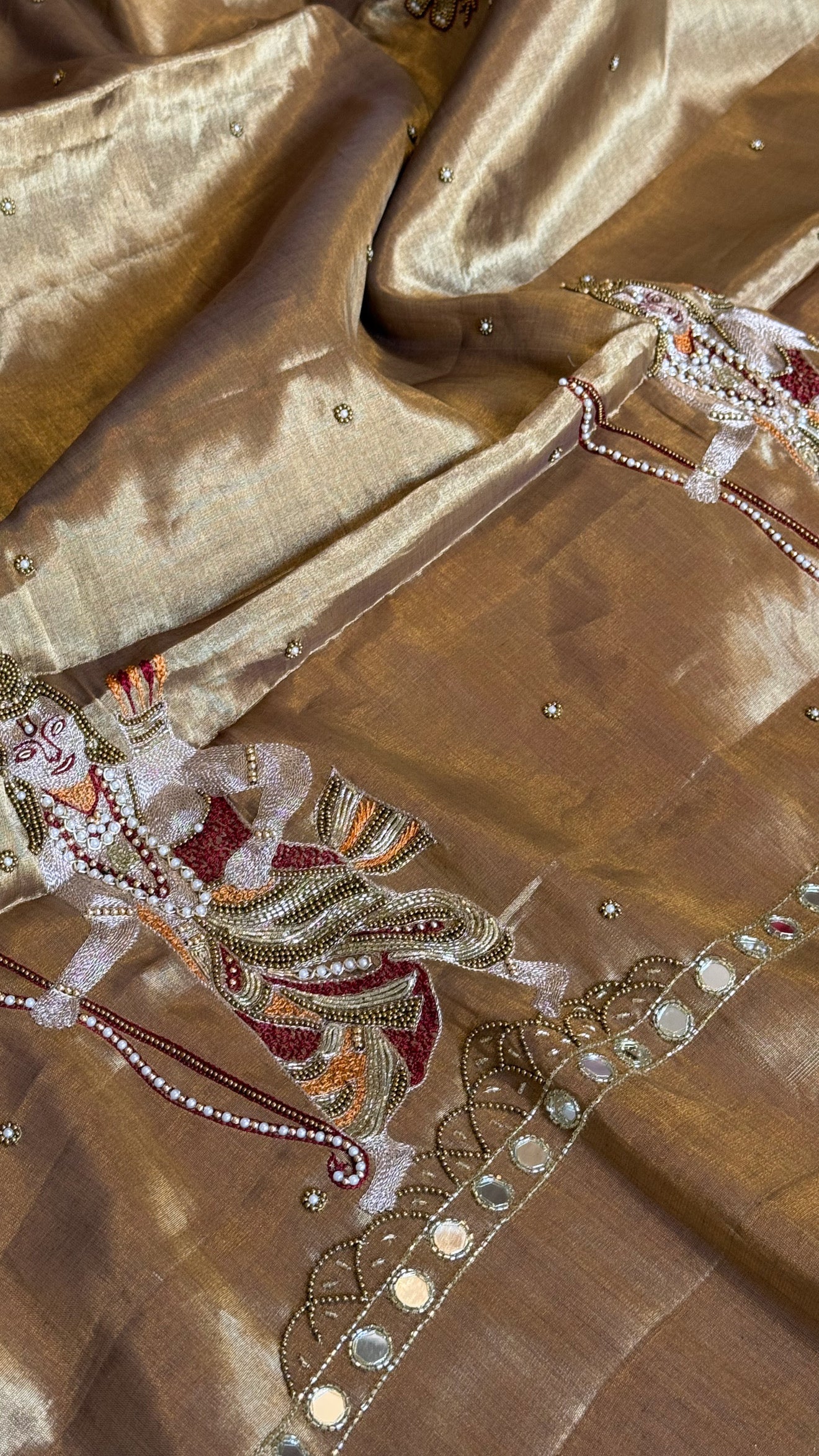 Satin tissue silk antique gold banarasi hand embroidered kadhwa saree