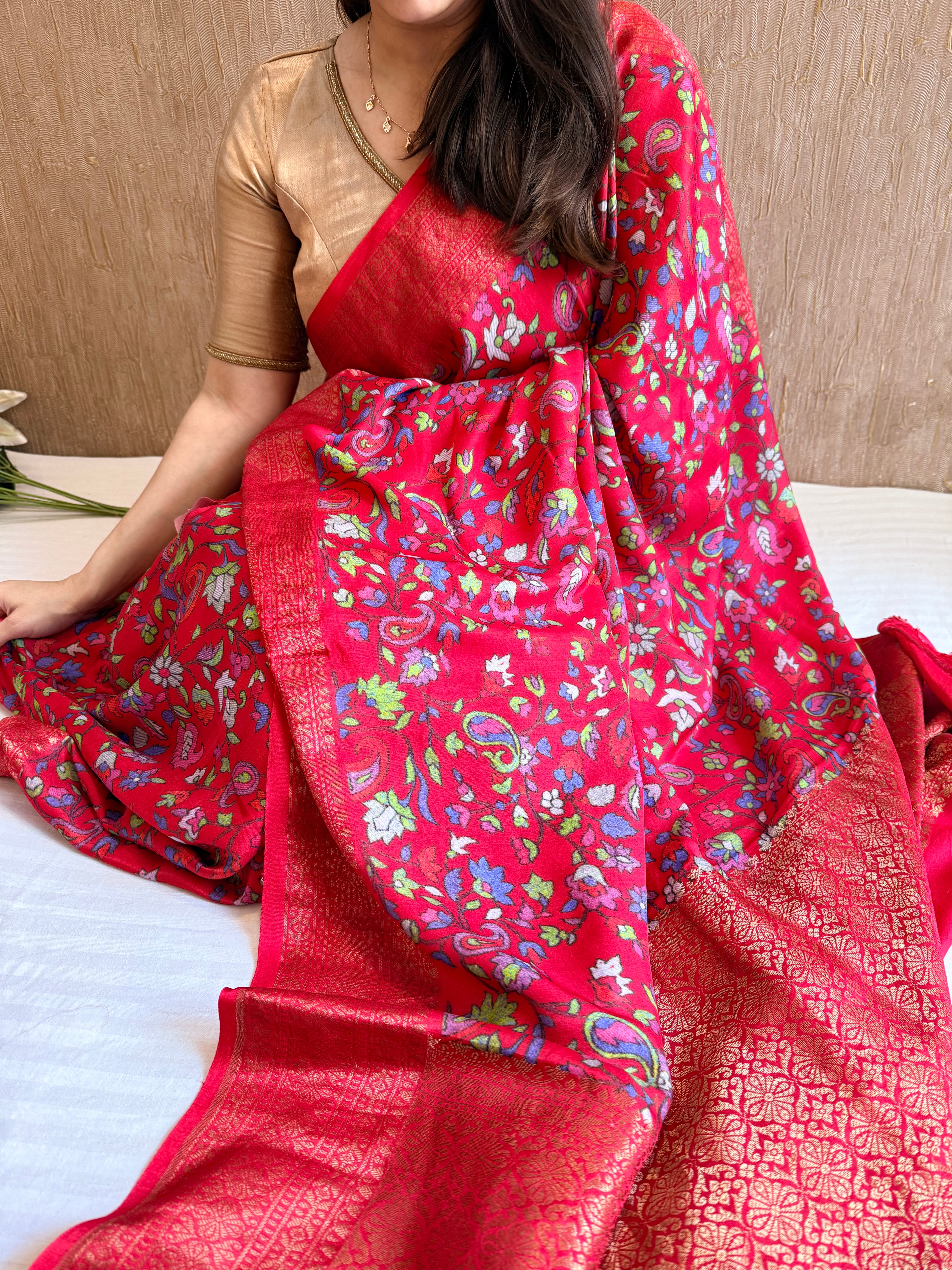 Banarasi mashru satin silk kani weaving printed cherry red saree