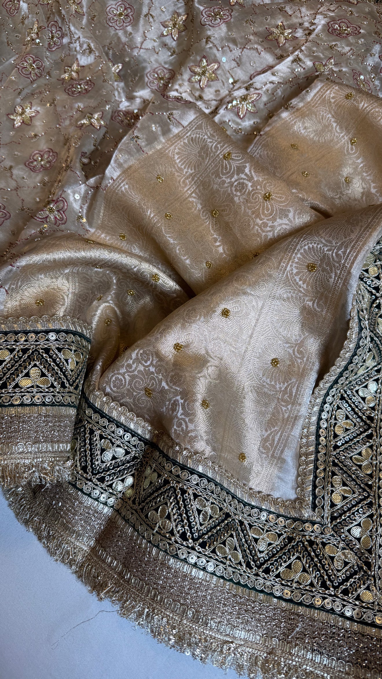 Kutchi inspired tissue silk hand embroidered heavy meenakari gharchola design saree