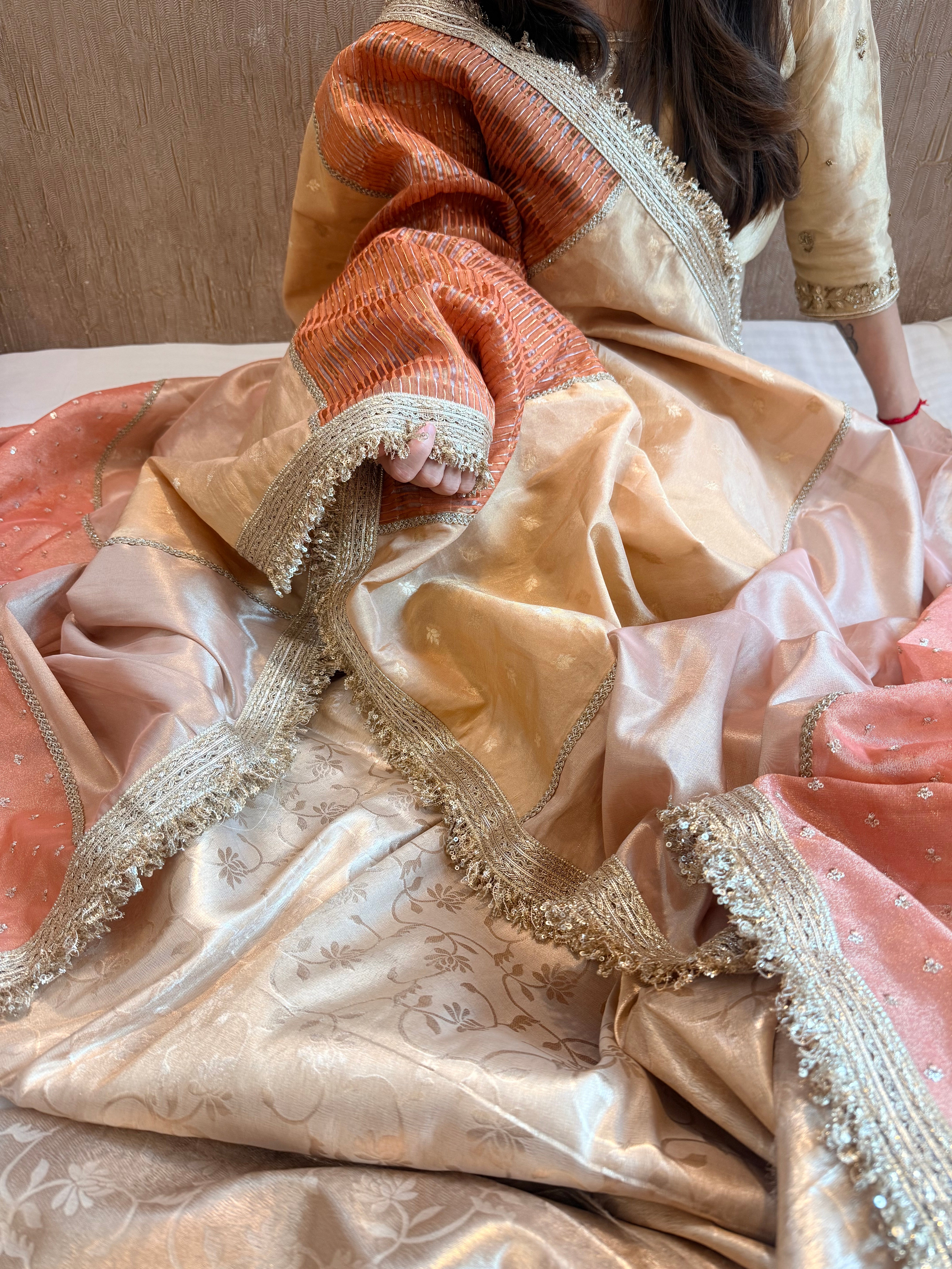 Golden shades pakistani tukdi tissue duppata paired with jaalwork tissue kurta