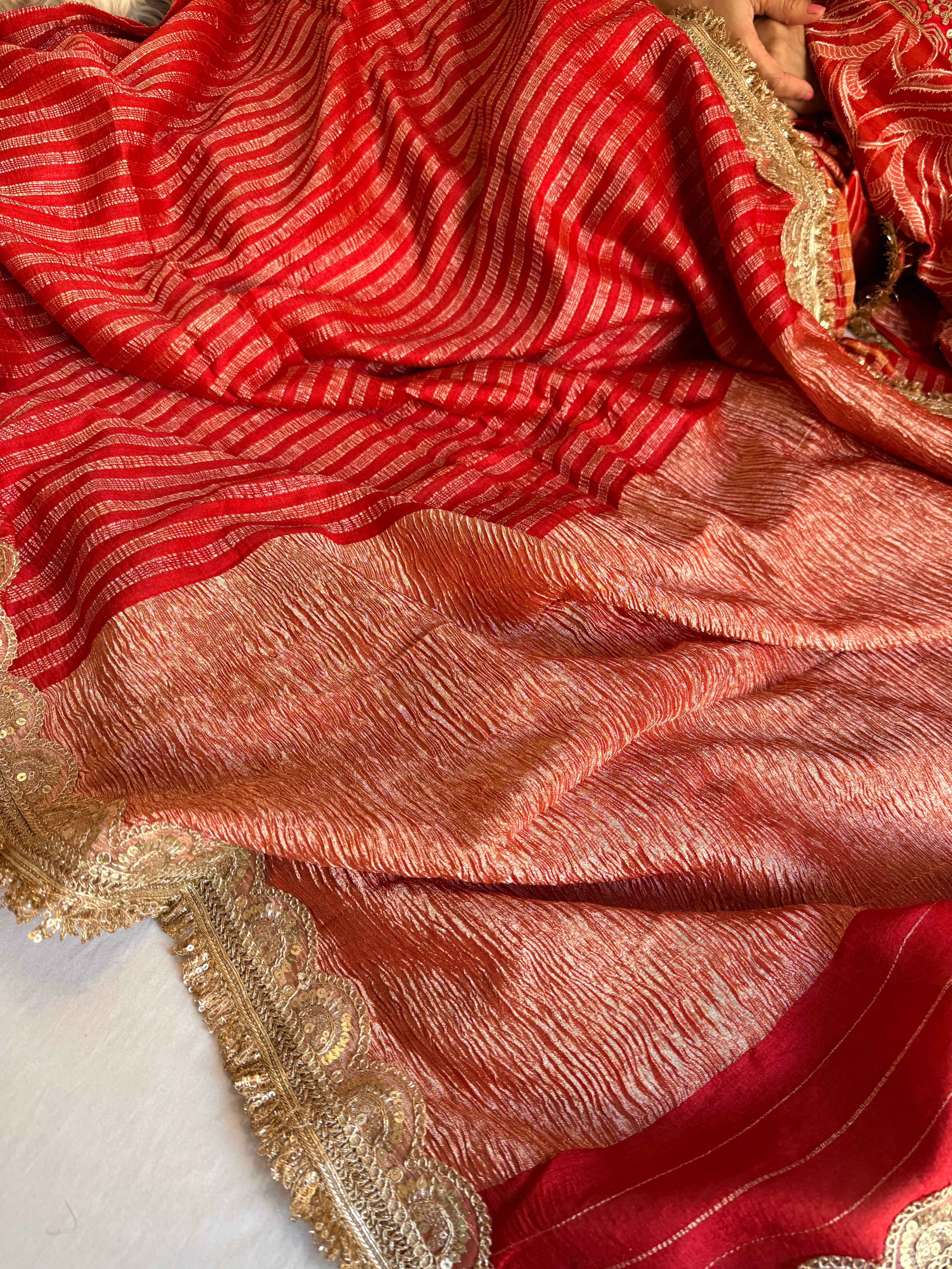 Moonga crushed deep red kadhwa gotapatti saree