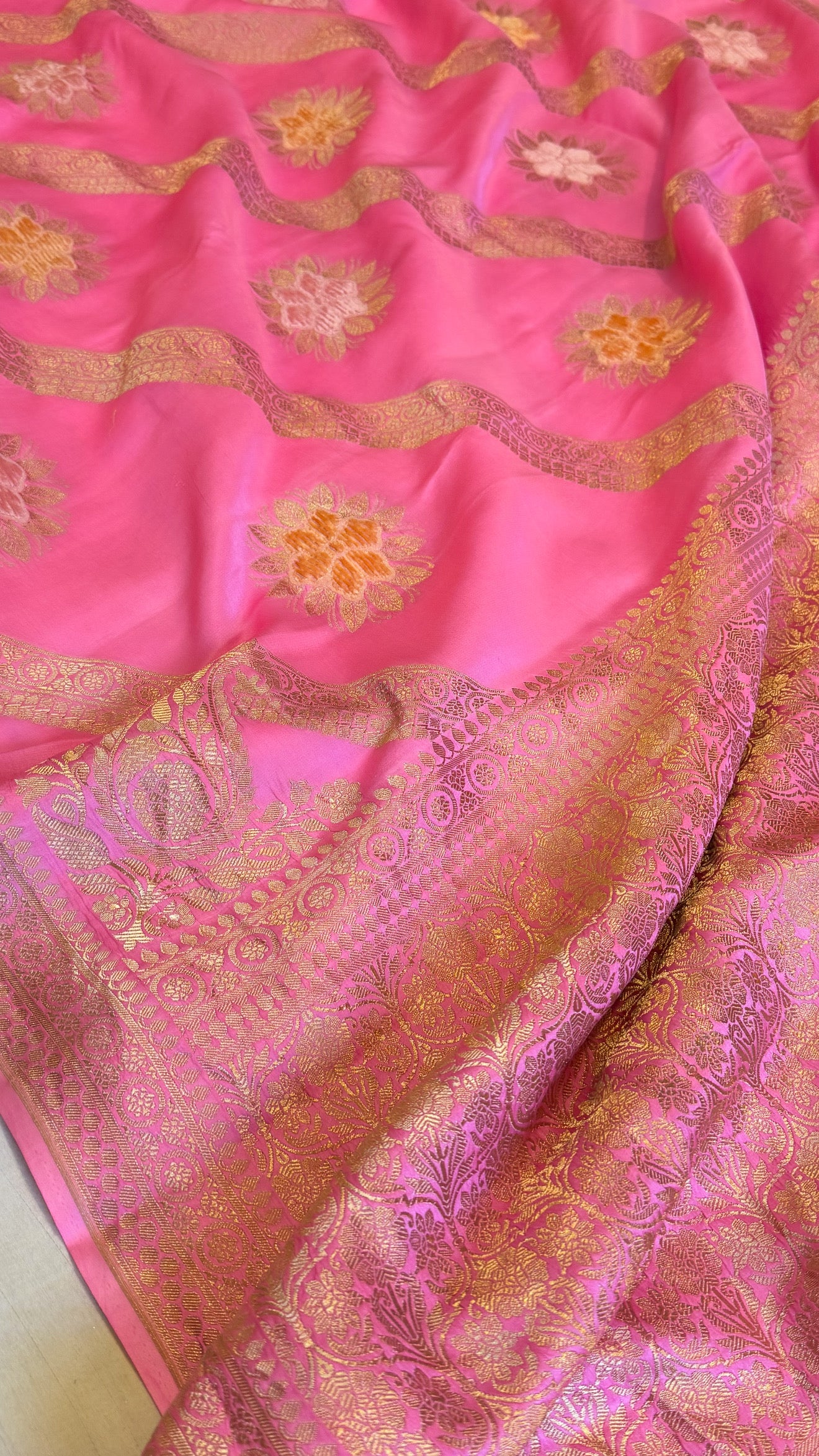 Neonish pink banarasi mashru silk velvet buti kadhwa weaving saree