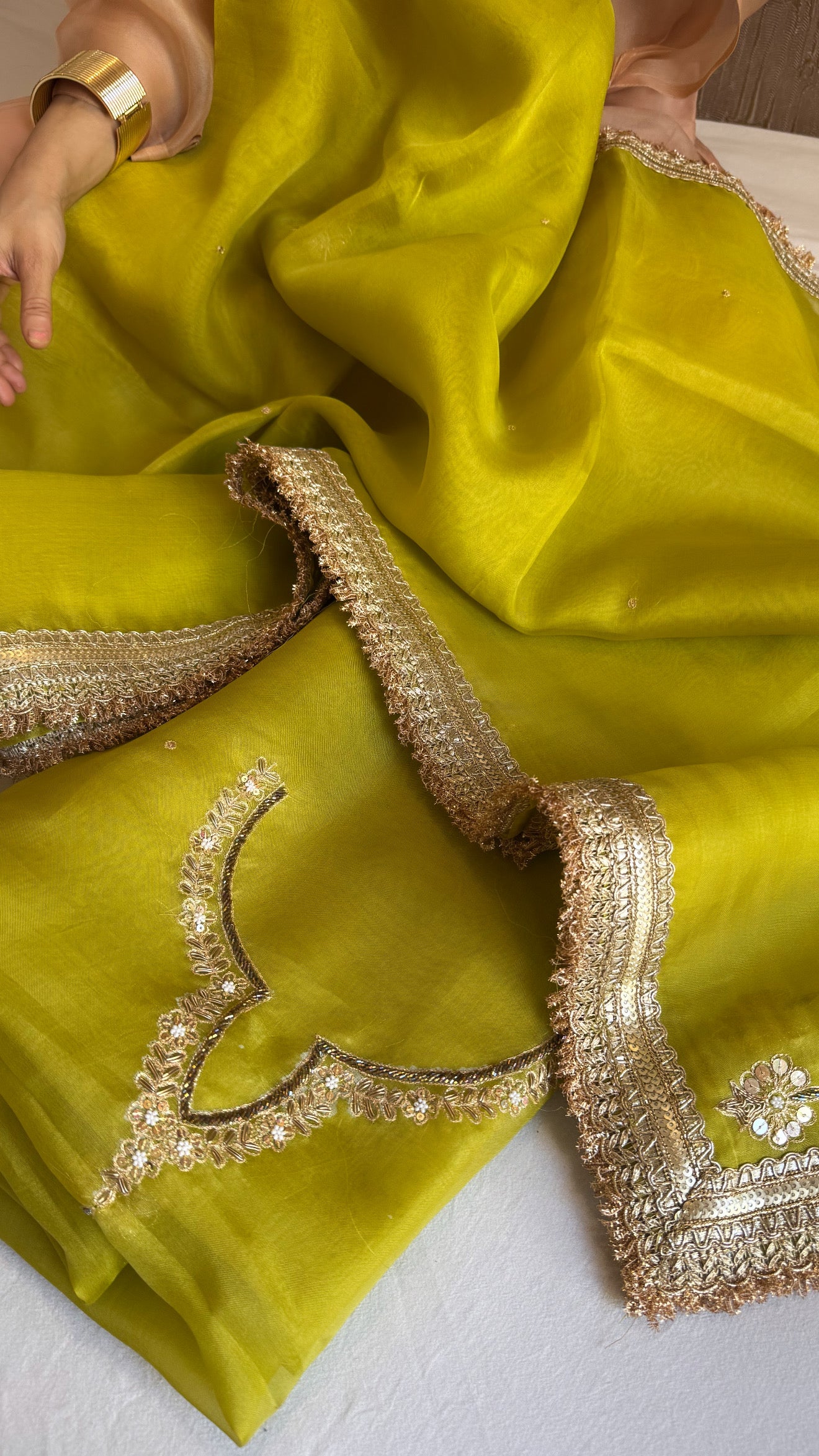 Aari and tilli kora silk hand embroidered mehendi green kadhwa suit set