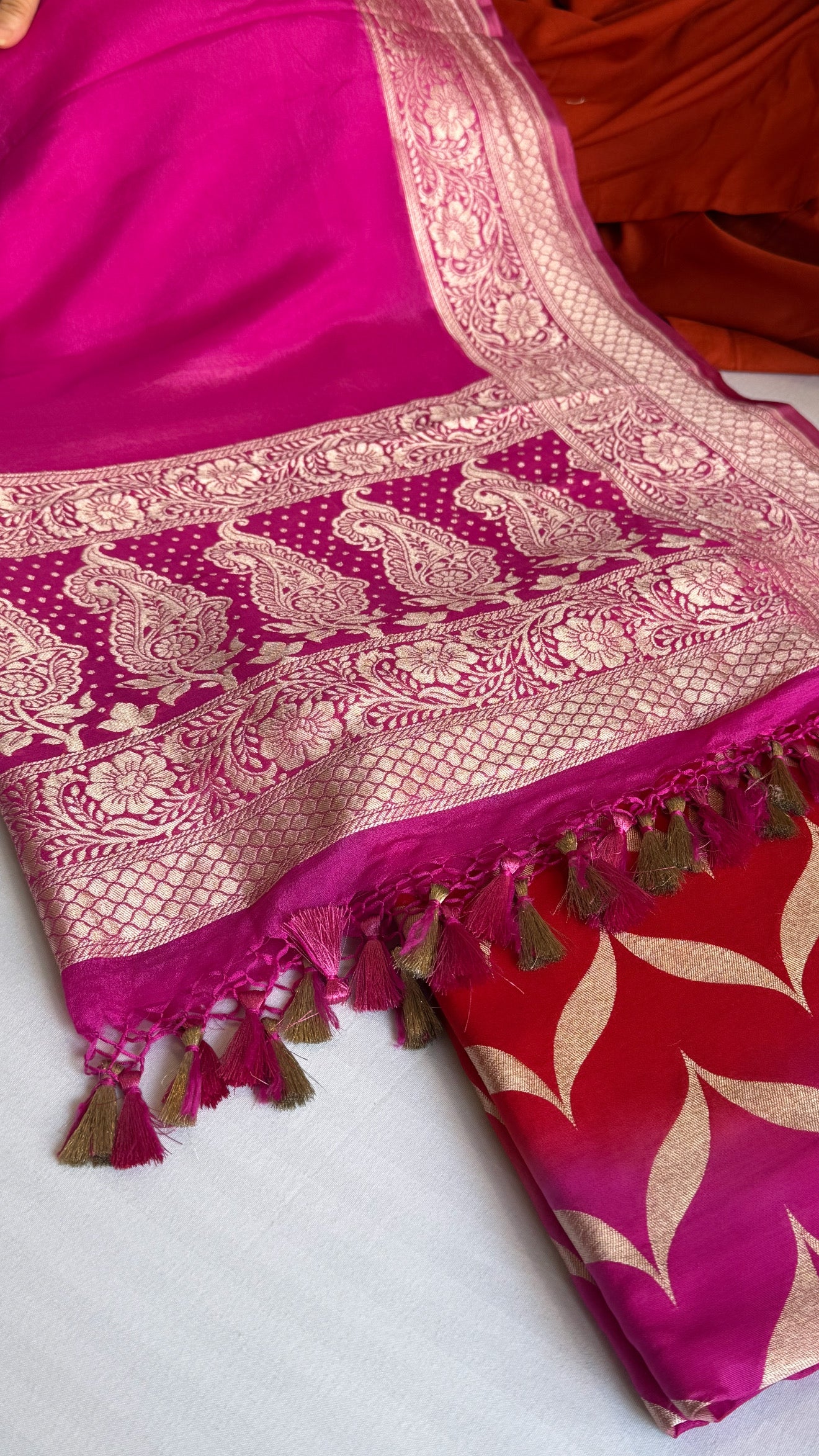 Red-rani ombre shaded chiniya silk kadhwa kurta paired with chiffon gorgette duppata set