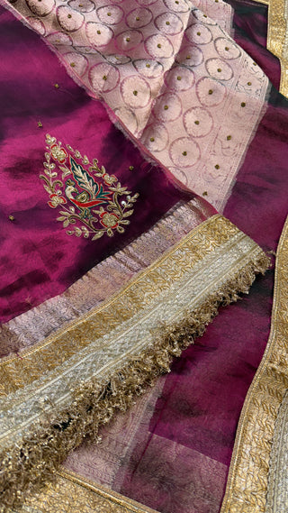 Baarat wali saree - Metallic cranberry pink husn tissue silk peacock motif hand embroidered saree