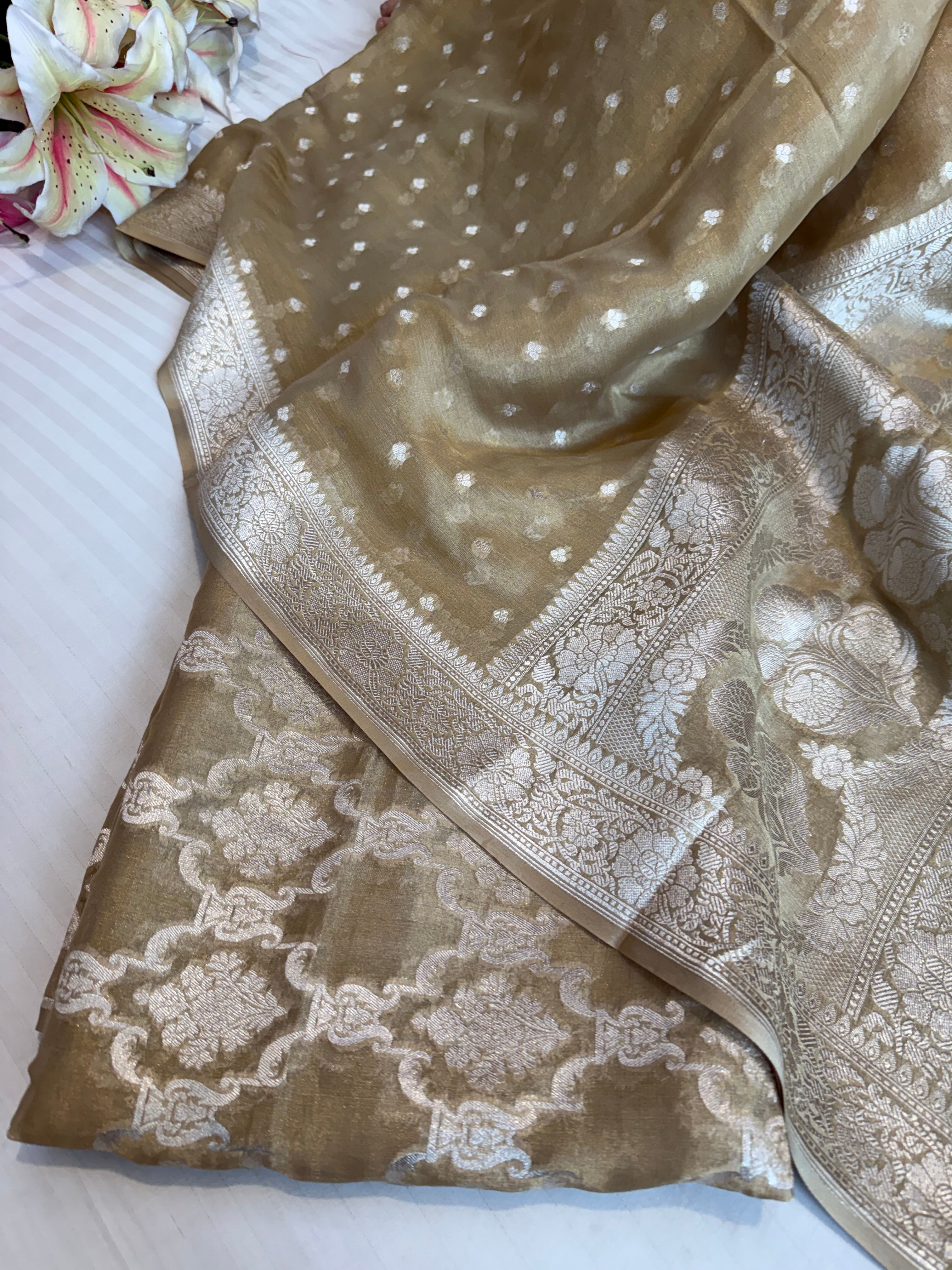 Dull golden-green banarasi tissue gorgette silver zari kadhwa suit set