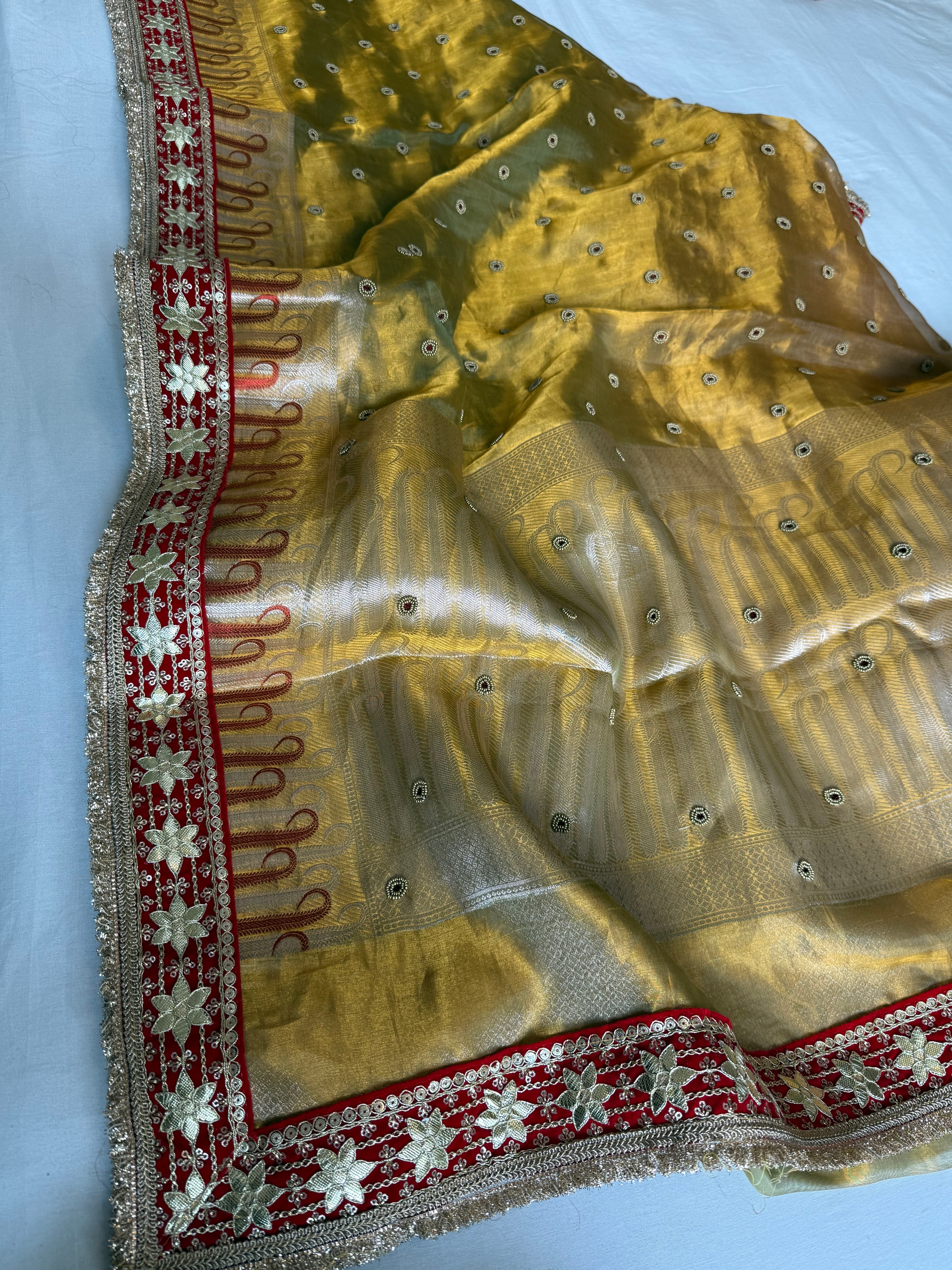 Kanjivaram gold tissue silk red meenakari hand embroidered kadhwa saree