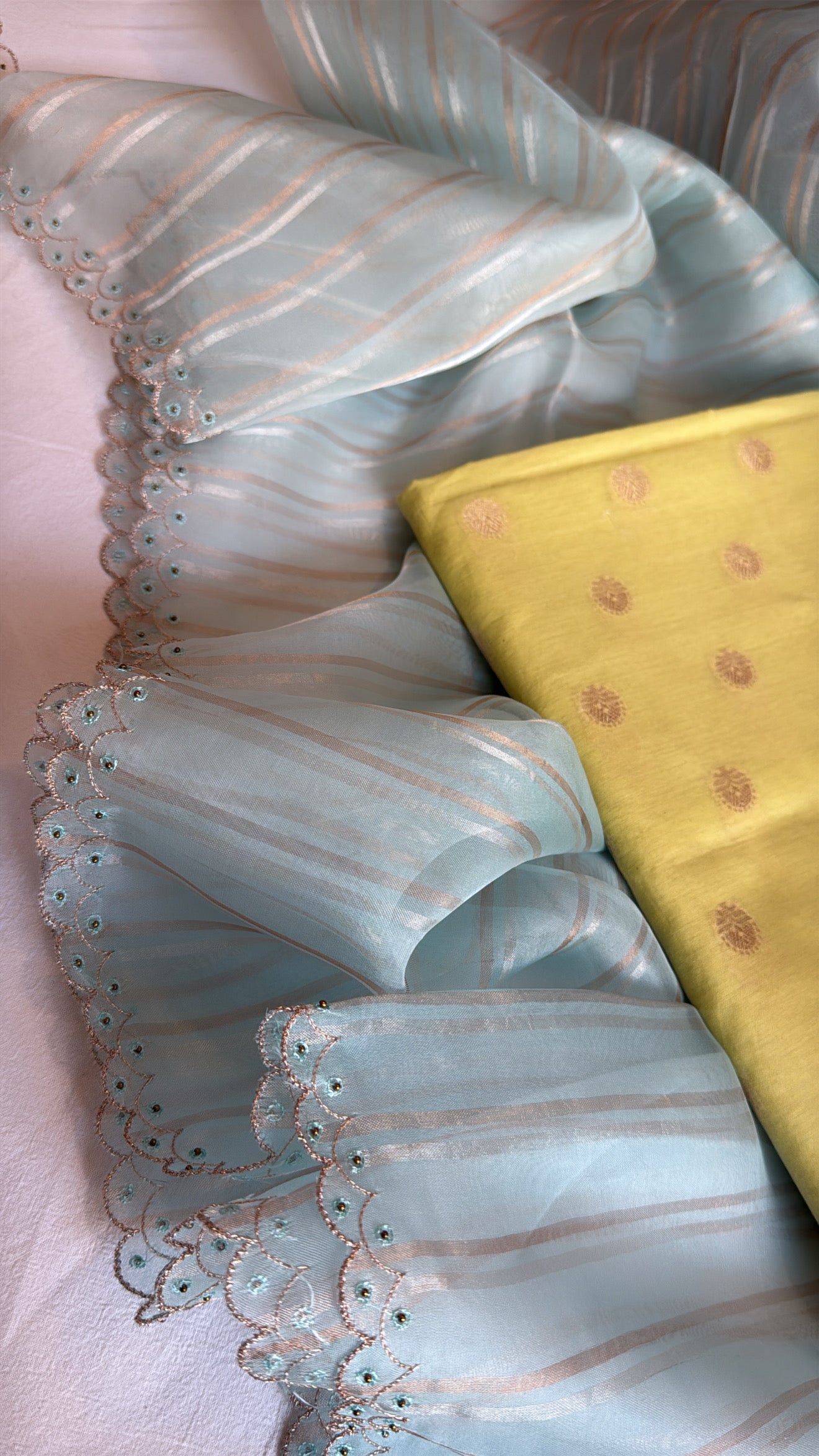 Banarasi handloom cotton kadhwa buti kurta paired with kora silk striped scalloped hand embroidered duppata set