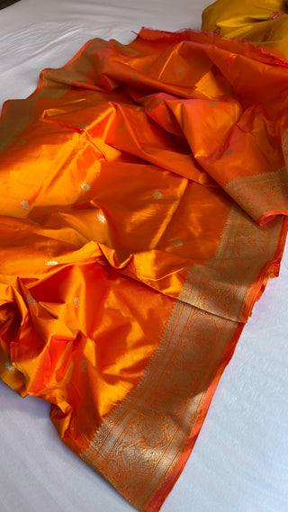 Banarasi deep fanta orange katan kadhwa silk suit set