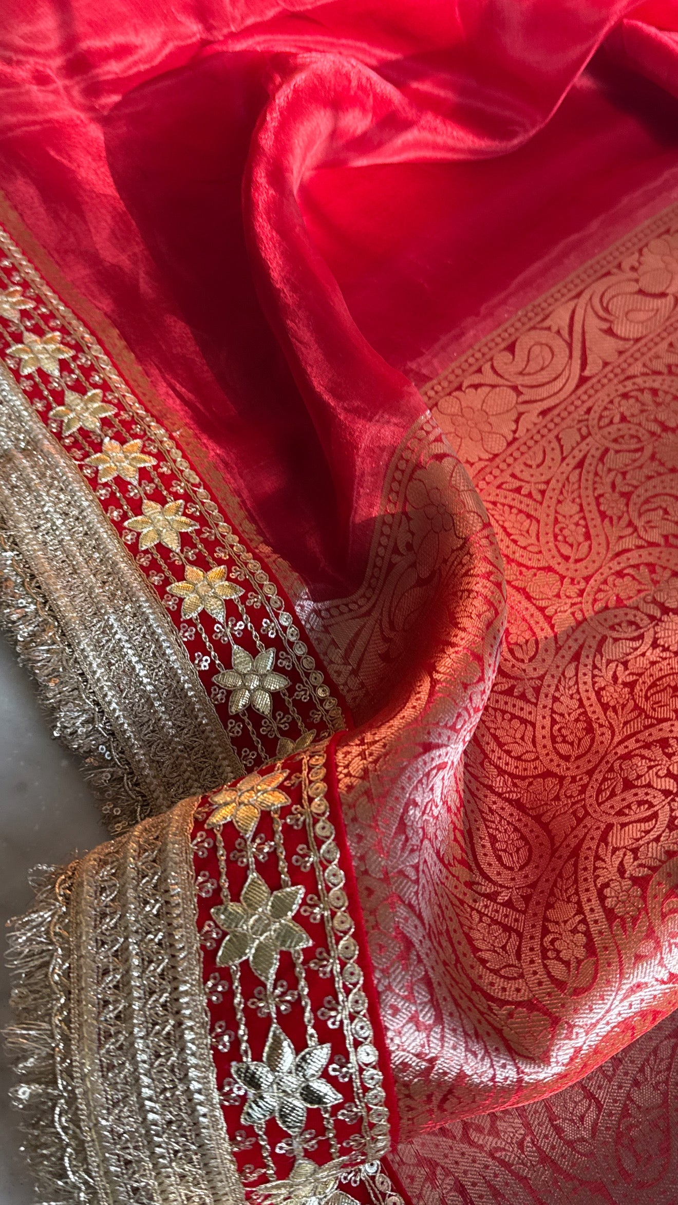 Teej special - Blood red maharani tissue silk gotapatti border saree