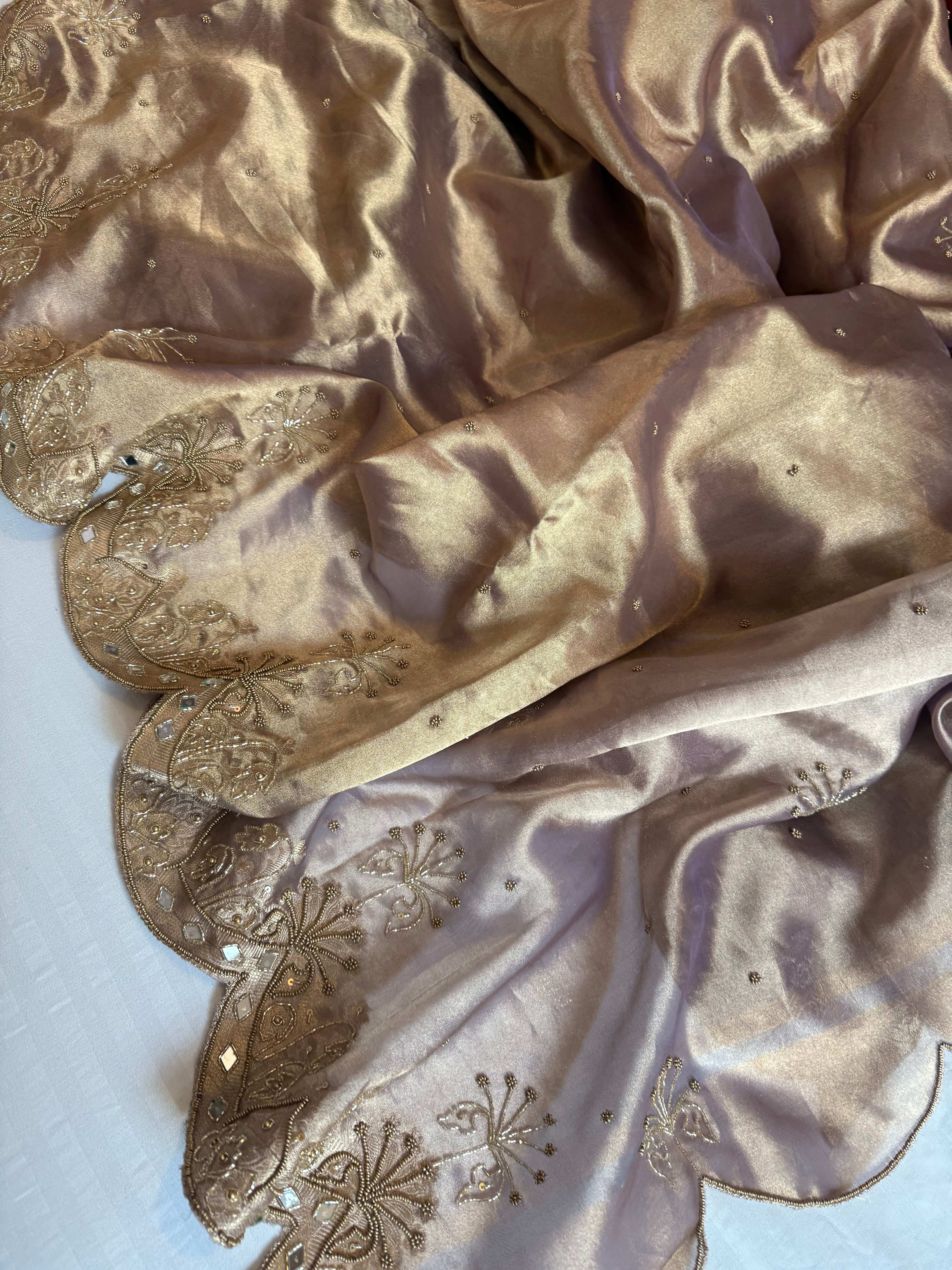 Husn soft lavender tissue silk heavy hand embroidered saree