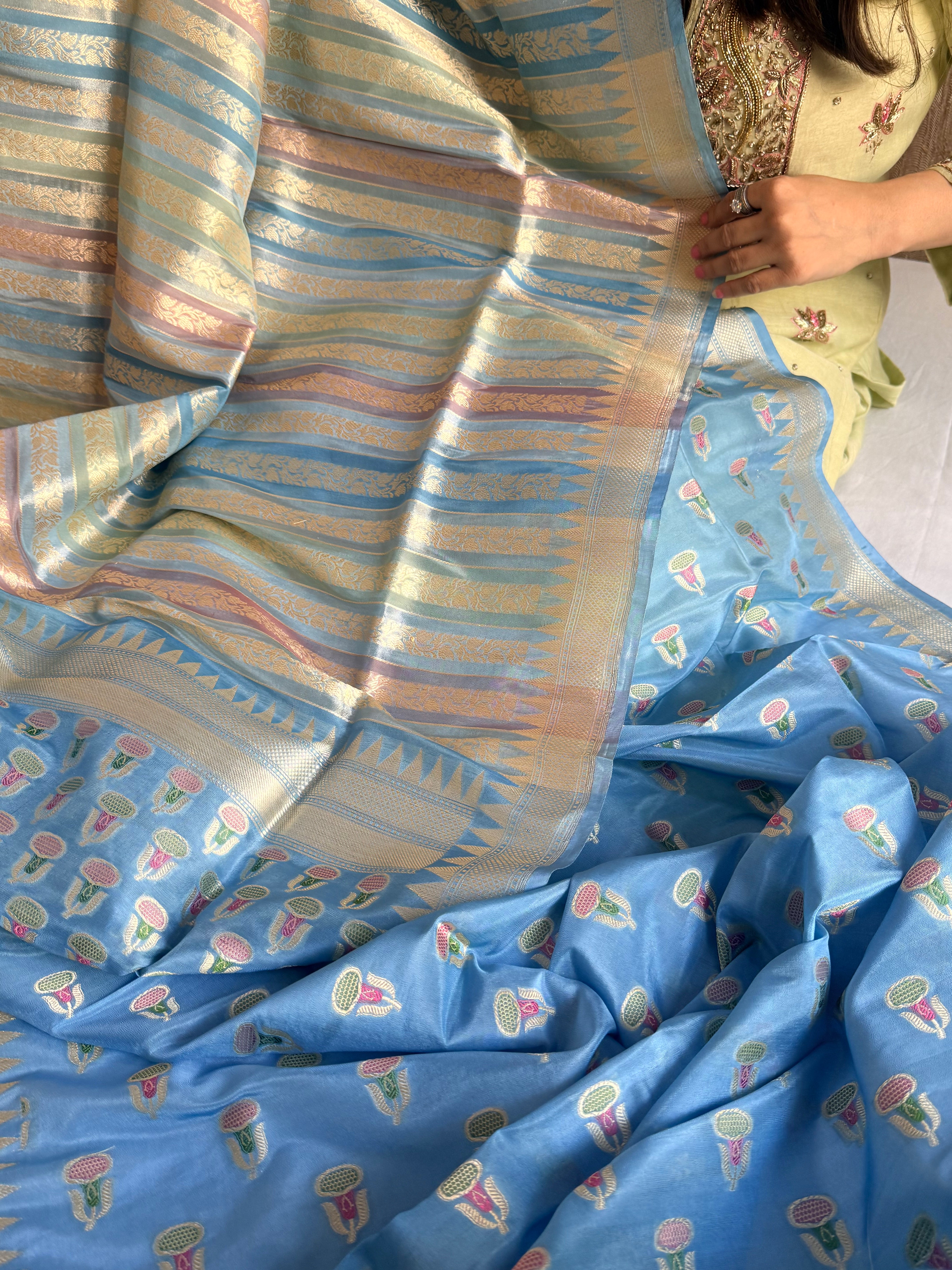Katan gorgette shades of blue pastels rangkaat weaving suit set