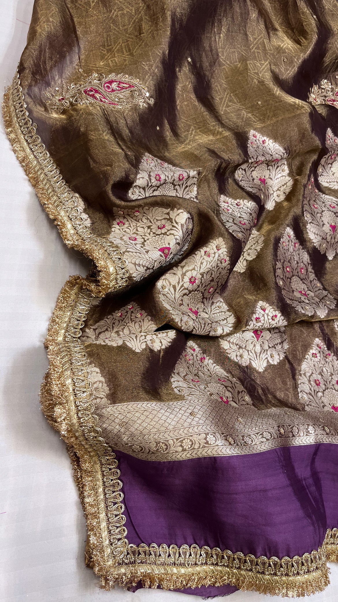 Husn antique purple tissue silk hand embroidered saree