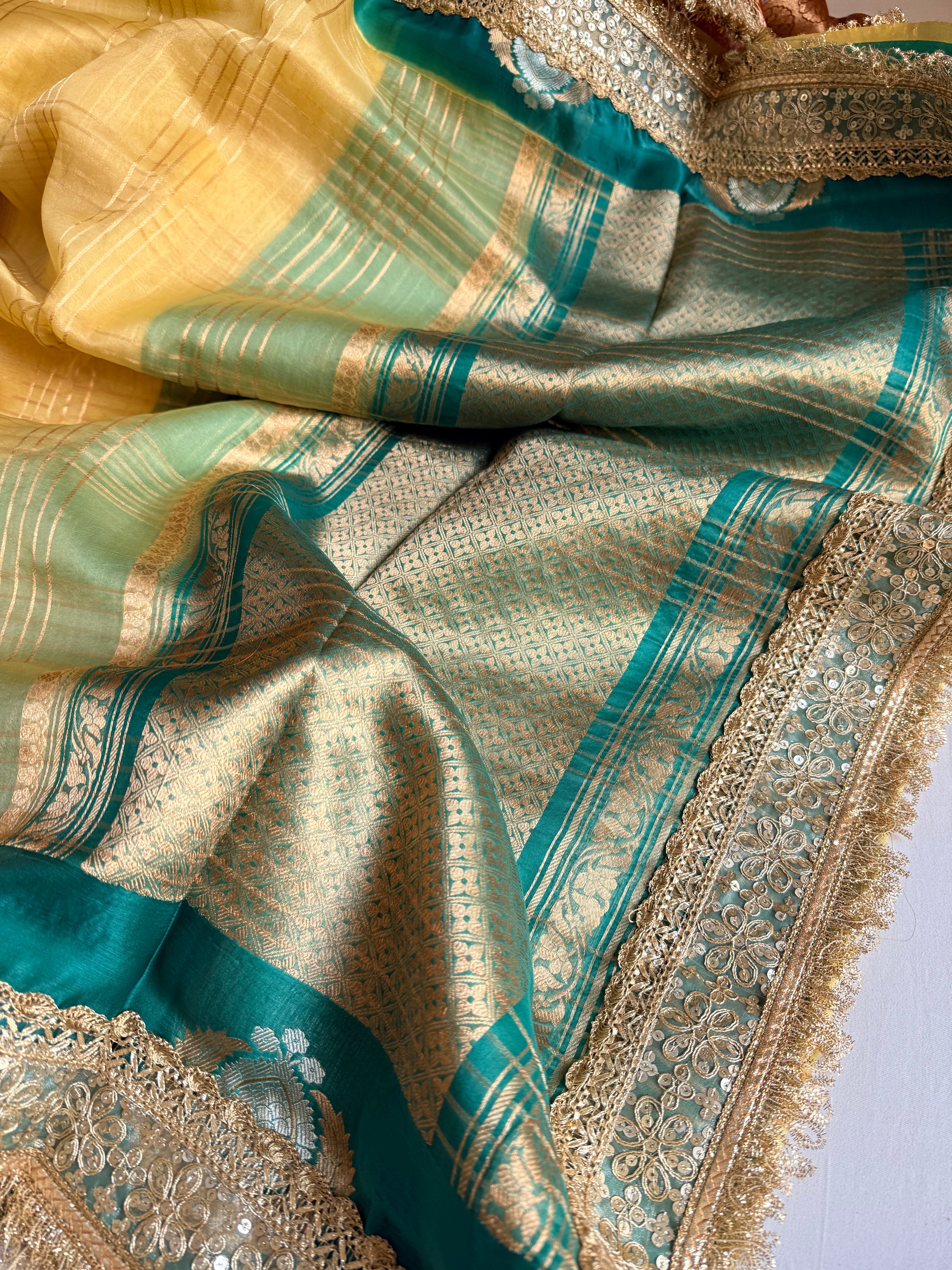 Banarasi leela olive gold - teal green kora silk kadhwa saree