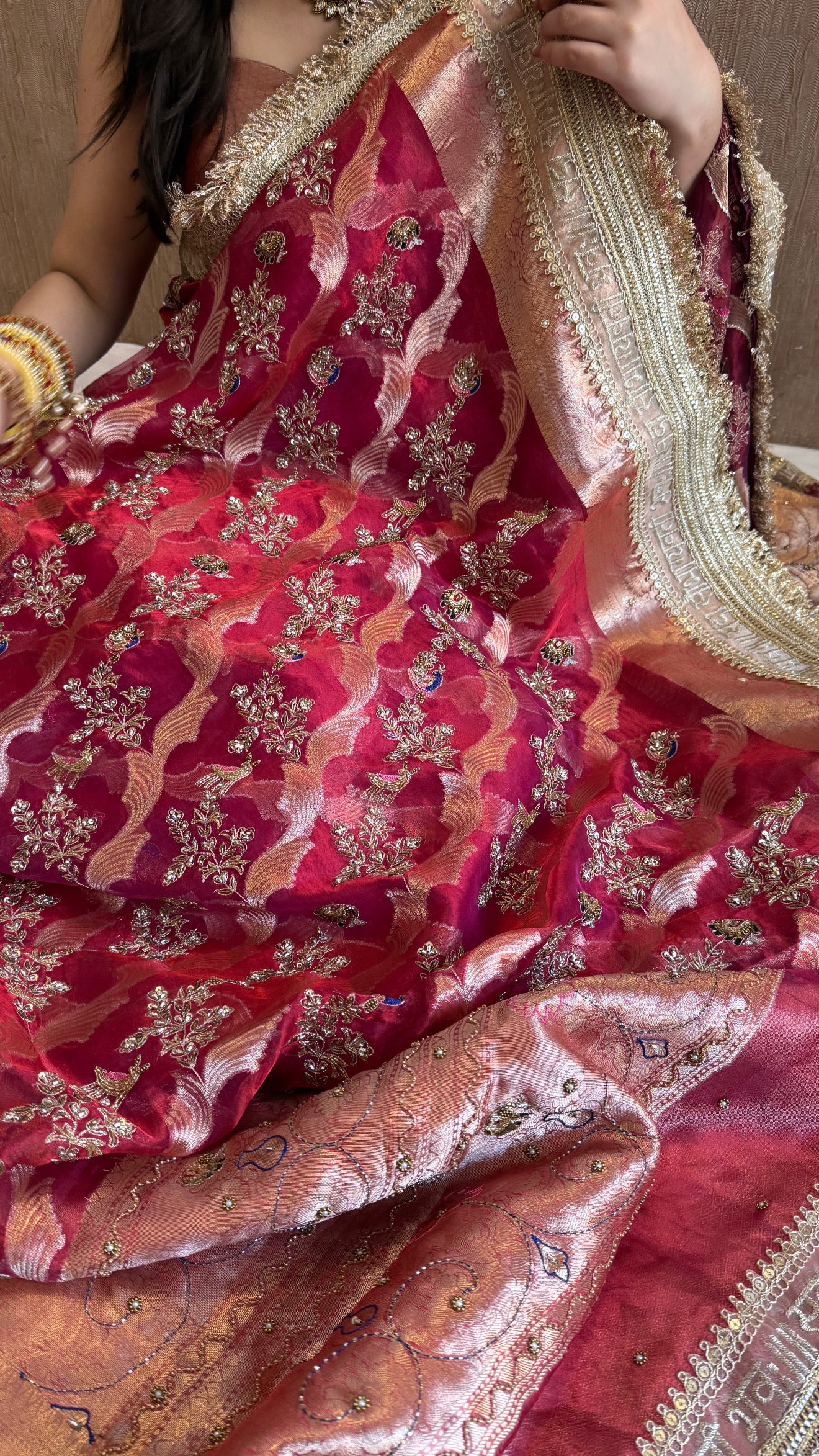 Nayi suhagan edit - Cranberry blood red tissue silk zardozi and marodi work hand embroidered jaal work saree