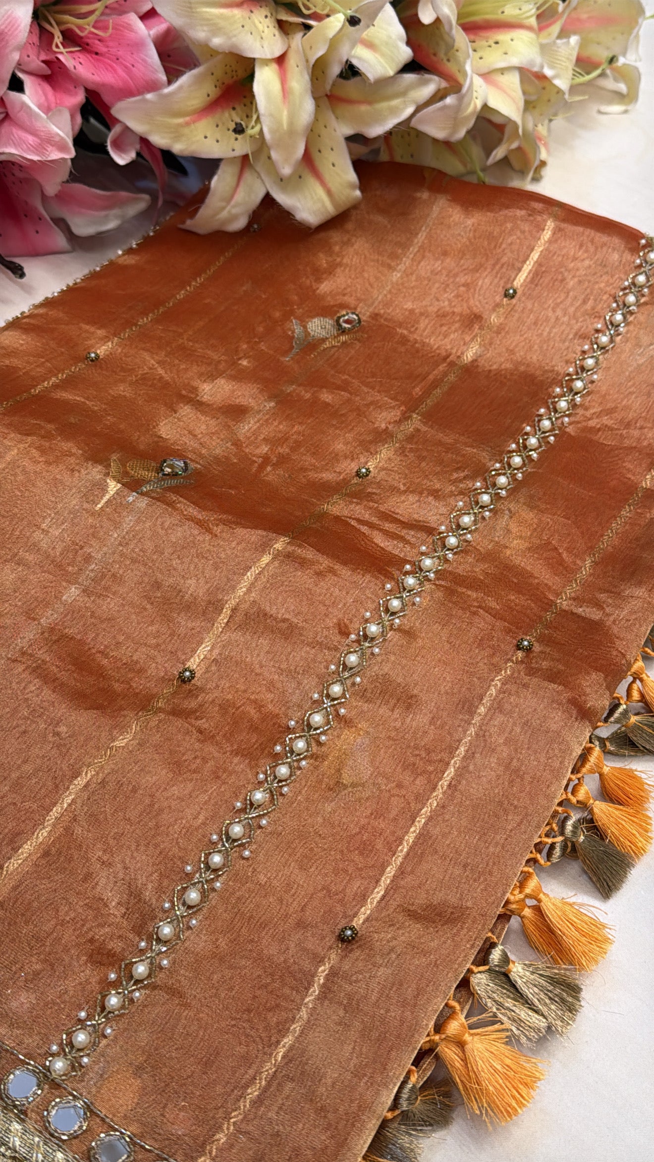 Burnt orange husn tissue silk hand embroidered kadhwa saree