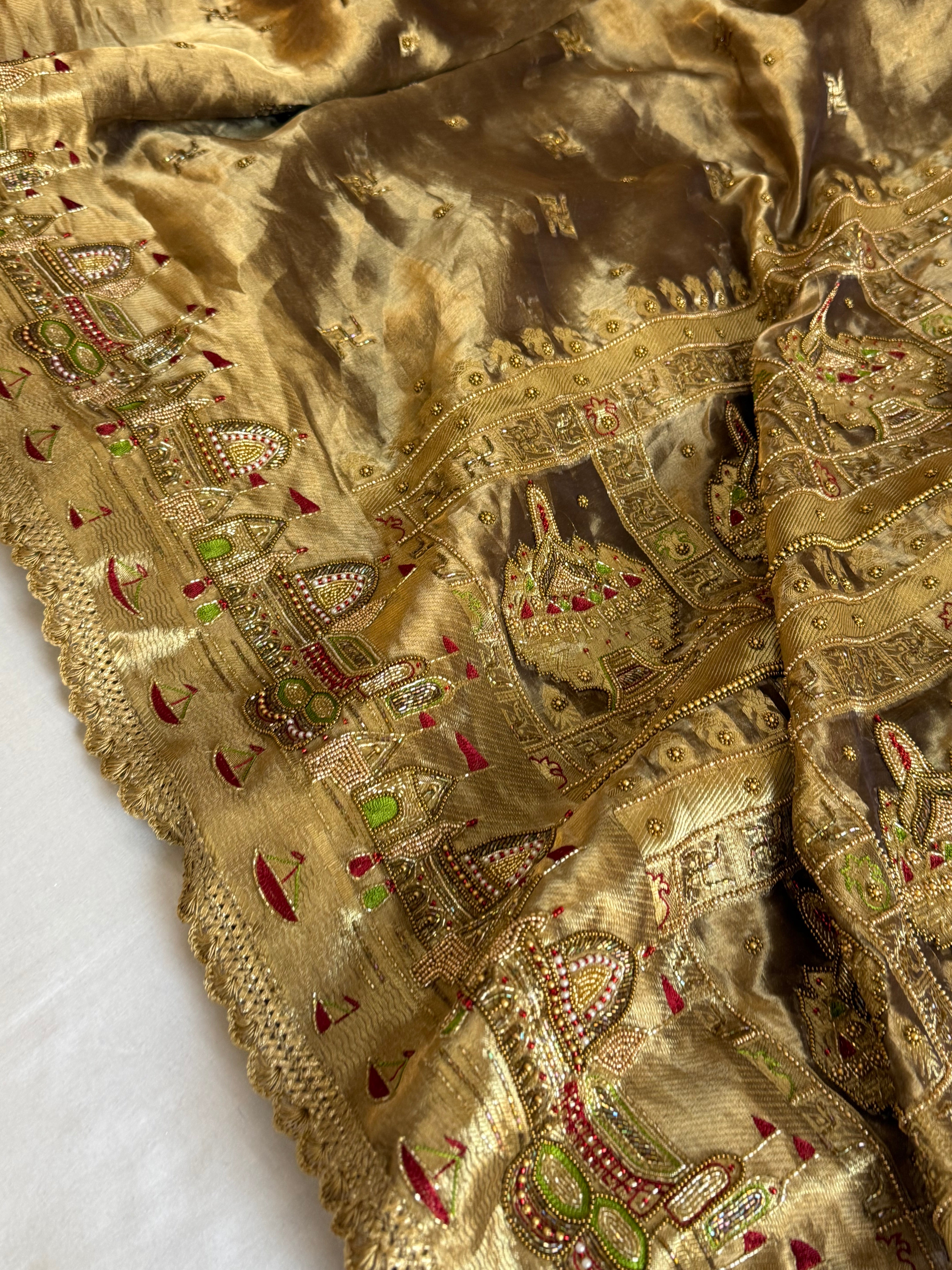 Gangaghat edit saree - Molten antique gold tissue silk meenakari hand embroidered kadhwa saree