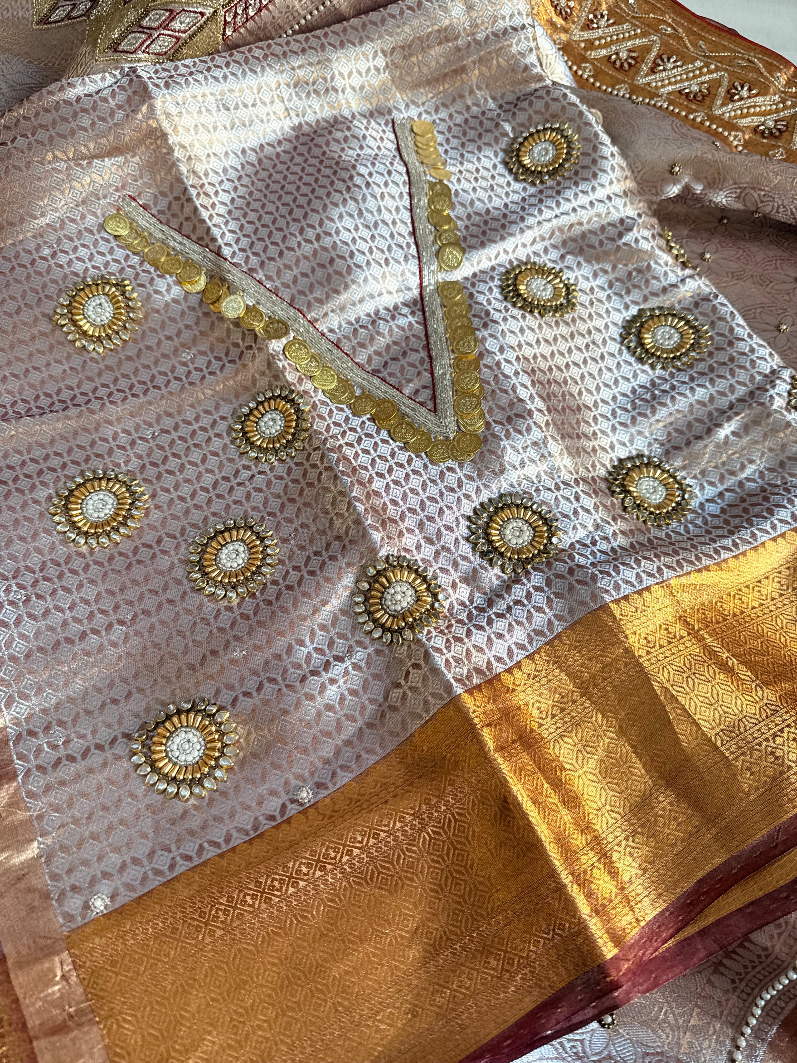 Kanjivaram tissue edit - Tissue brocade hand embroidered saree with jadauwork blouse