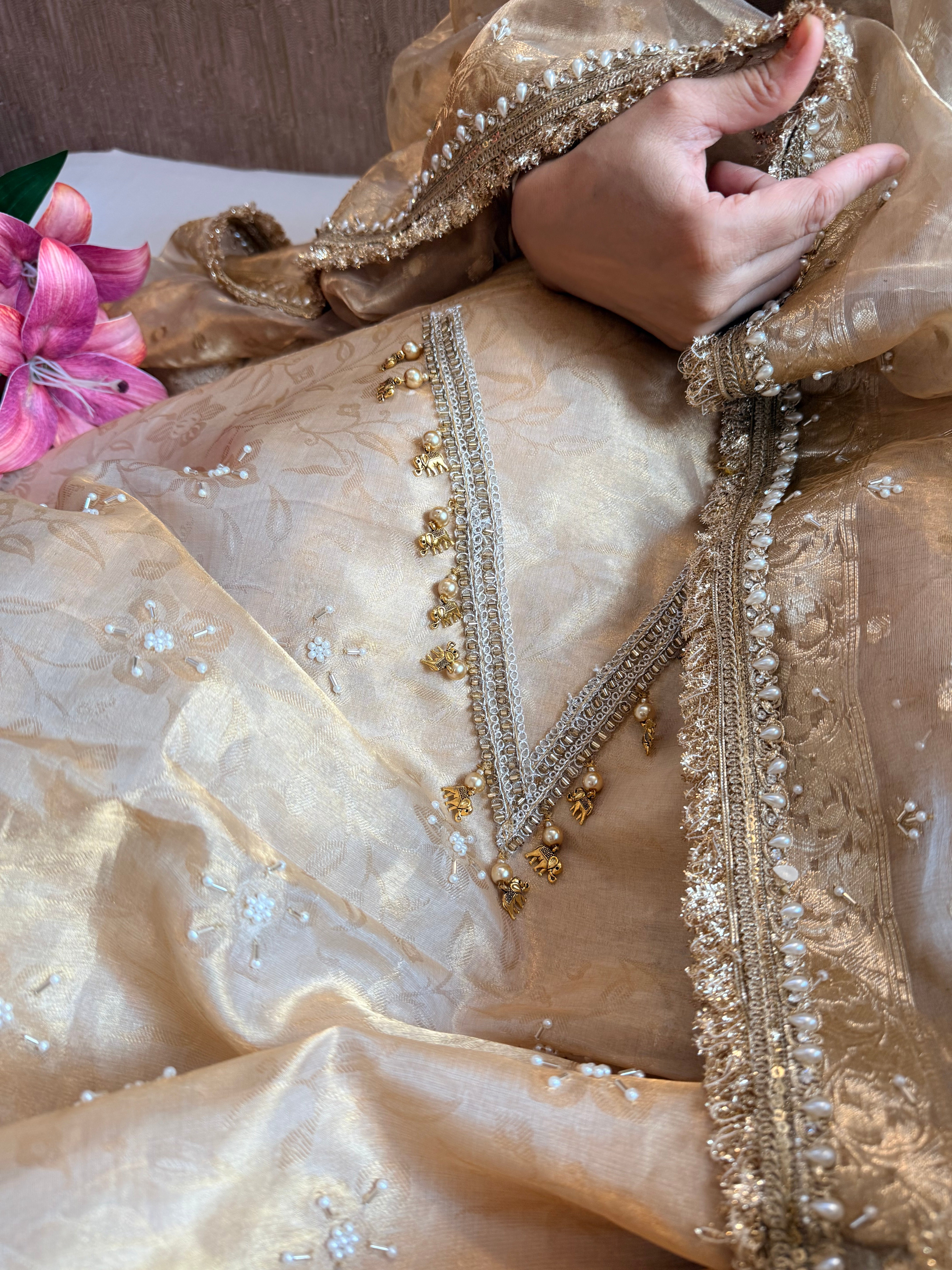 Butter gold patola patchwork hand embroidered tissue silk suit set available on preorder of 10-15 days