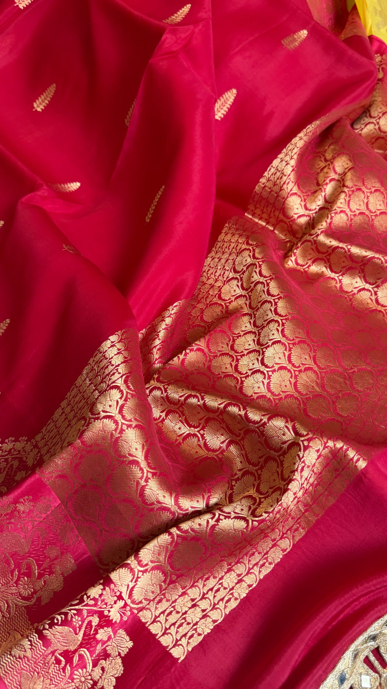 Rani pink banarasi kora silk hand embroidered kadhwa saree