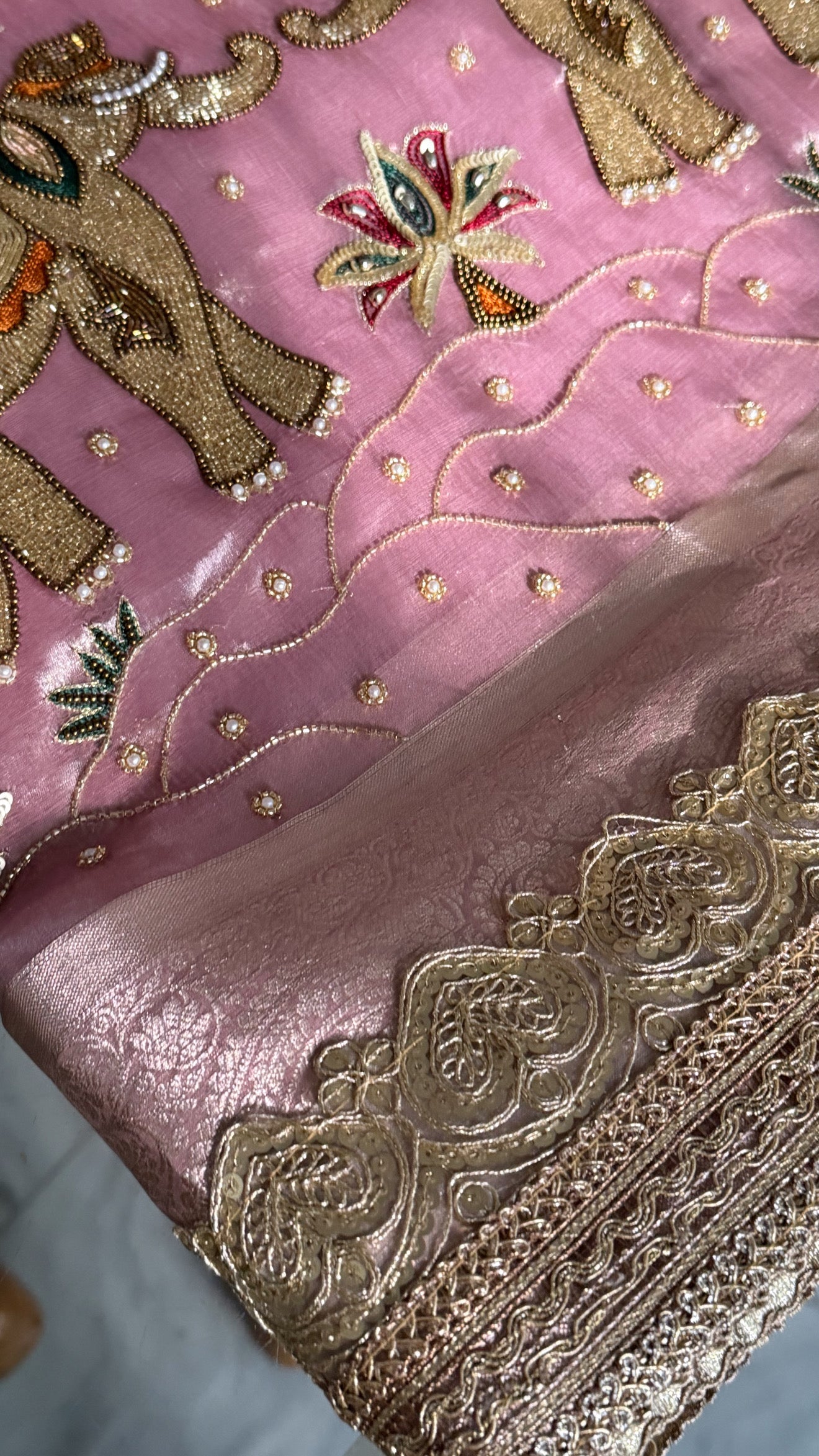 First meeting wali saree - Blush pink elephant and jungle motif hand embroidered tissue silk saree