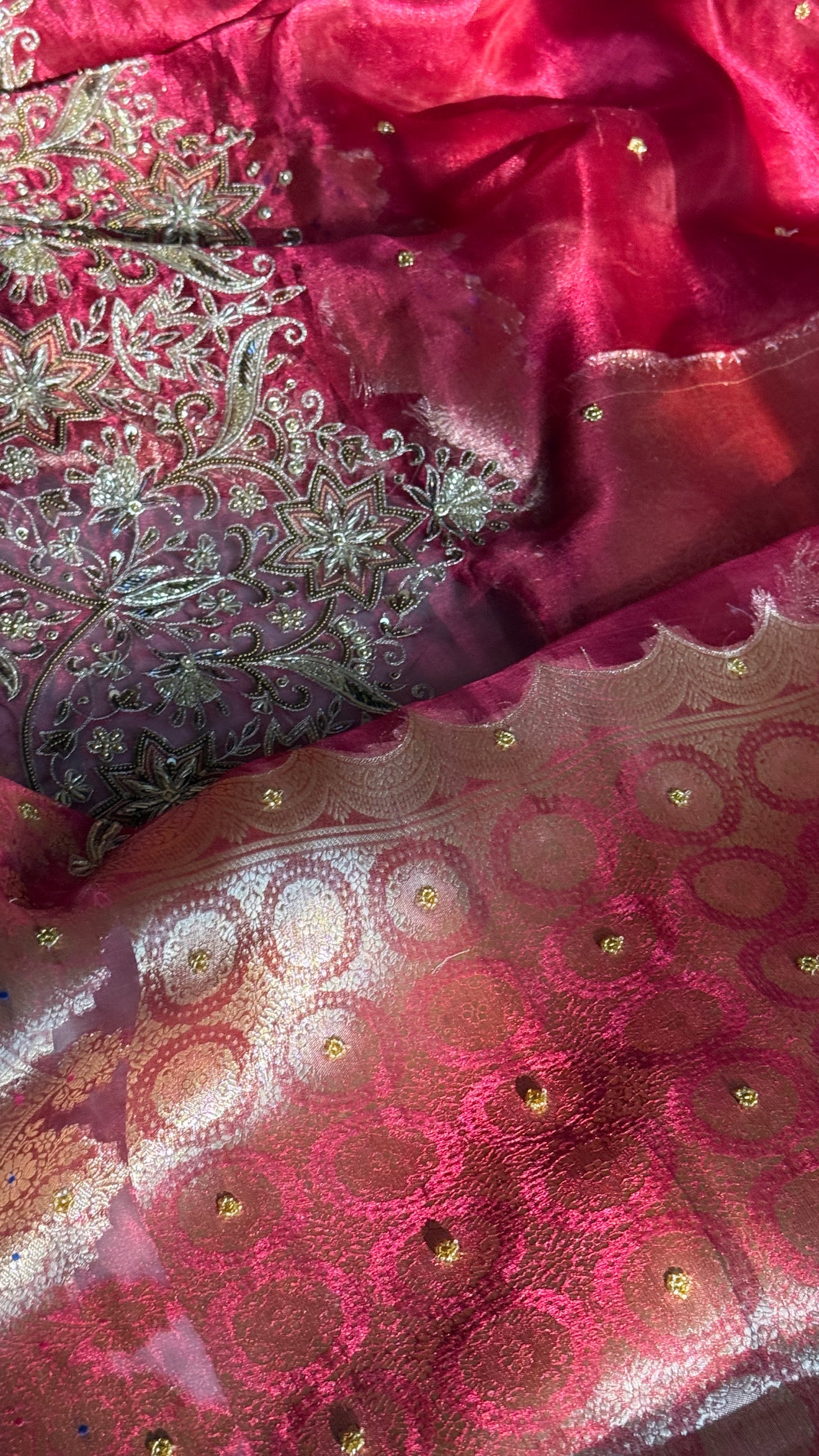 Teej special - Cranberry red tissue silk husn hand embroidered kadhwa saree