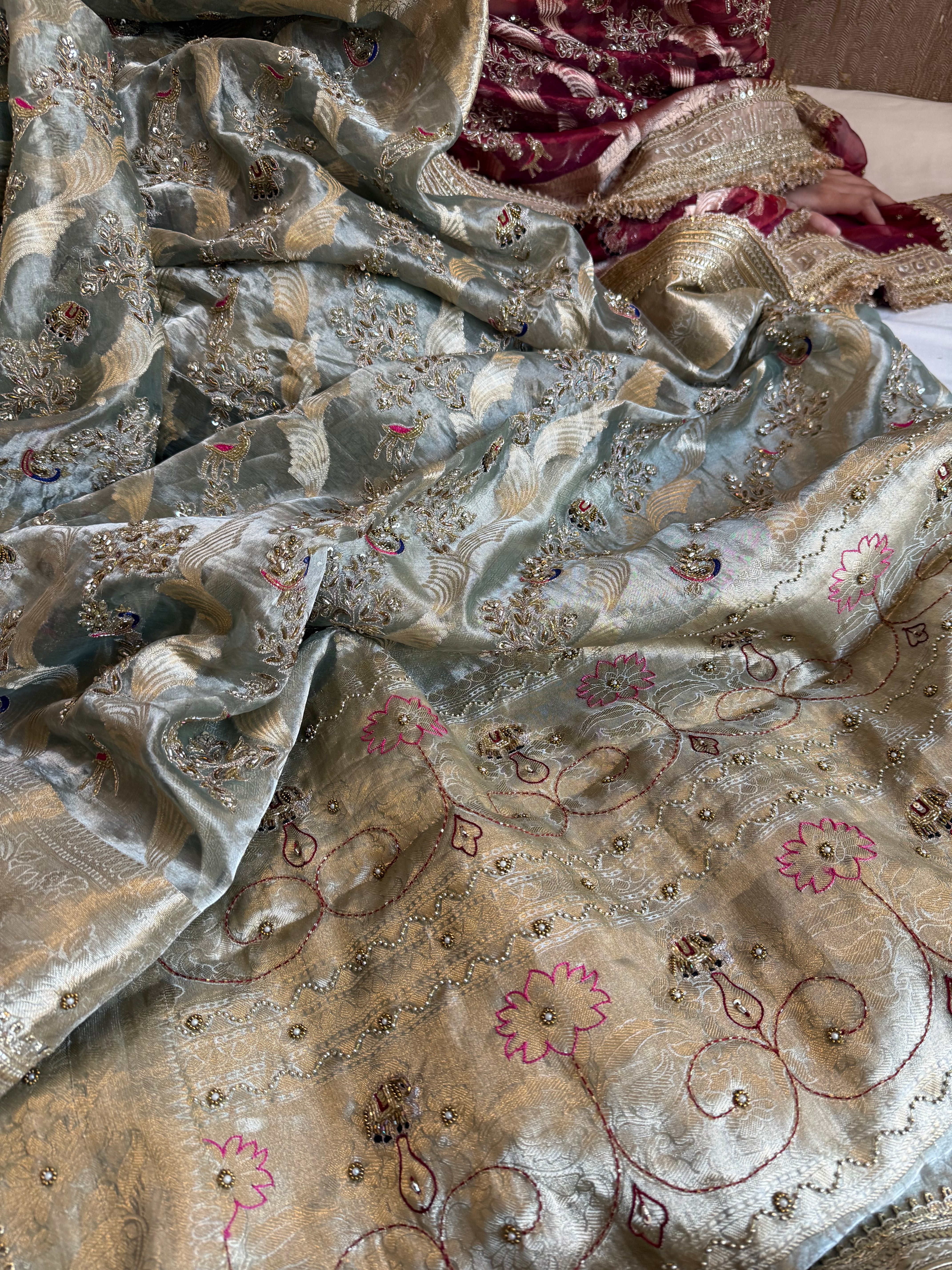 Nayi suhagan edit - Ice blue tissue silk jungla shikargah marodi and zardozi hand embroidered kadhwa saree