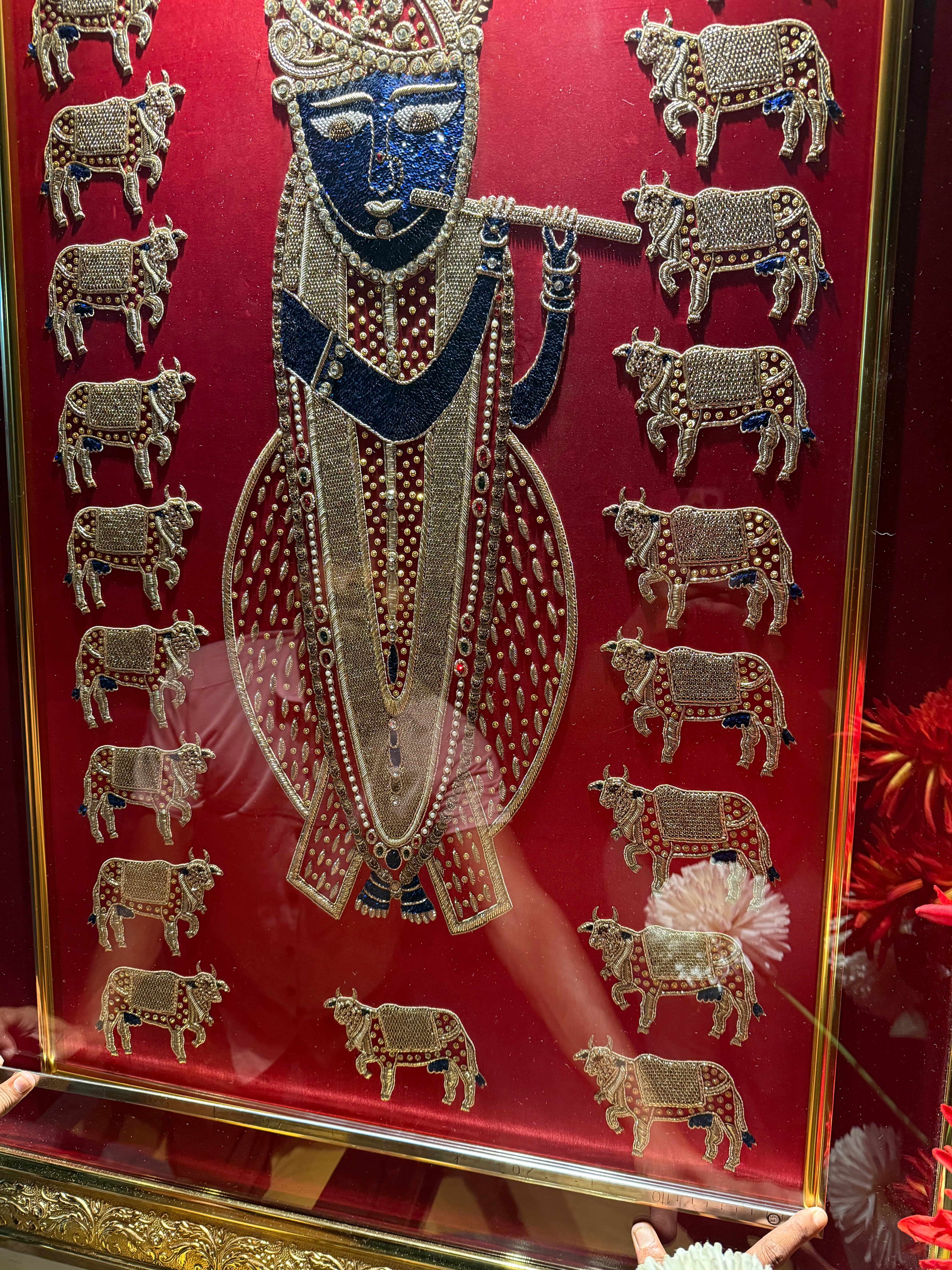 Shreenathji hand embroidered 21 cow motif cloth for frames ( 1 meter by 60cm )