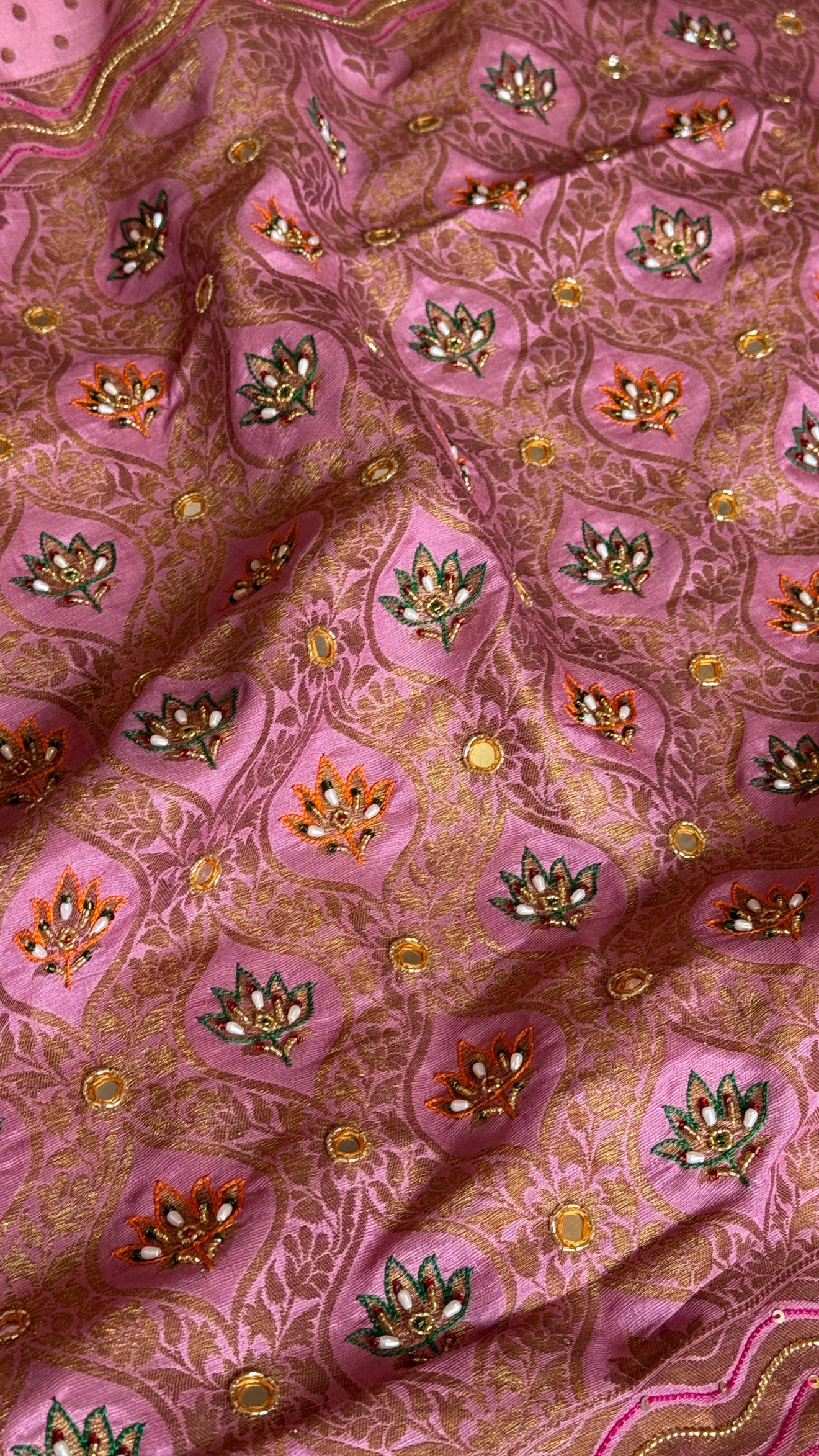 Strawberry pink moonga tussar antique zari hand embroidered kadhwa saree