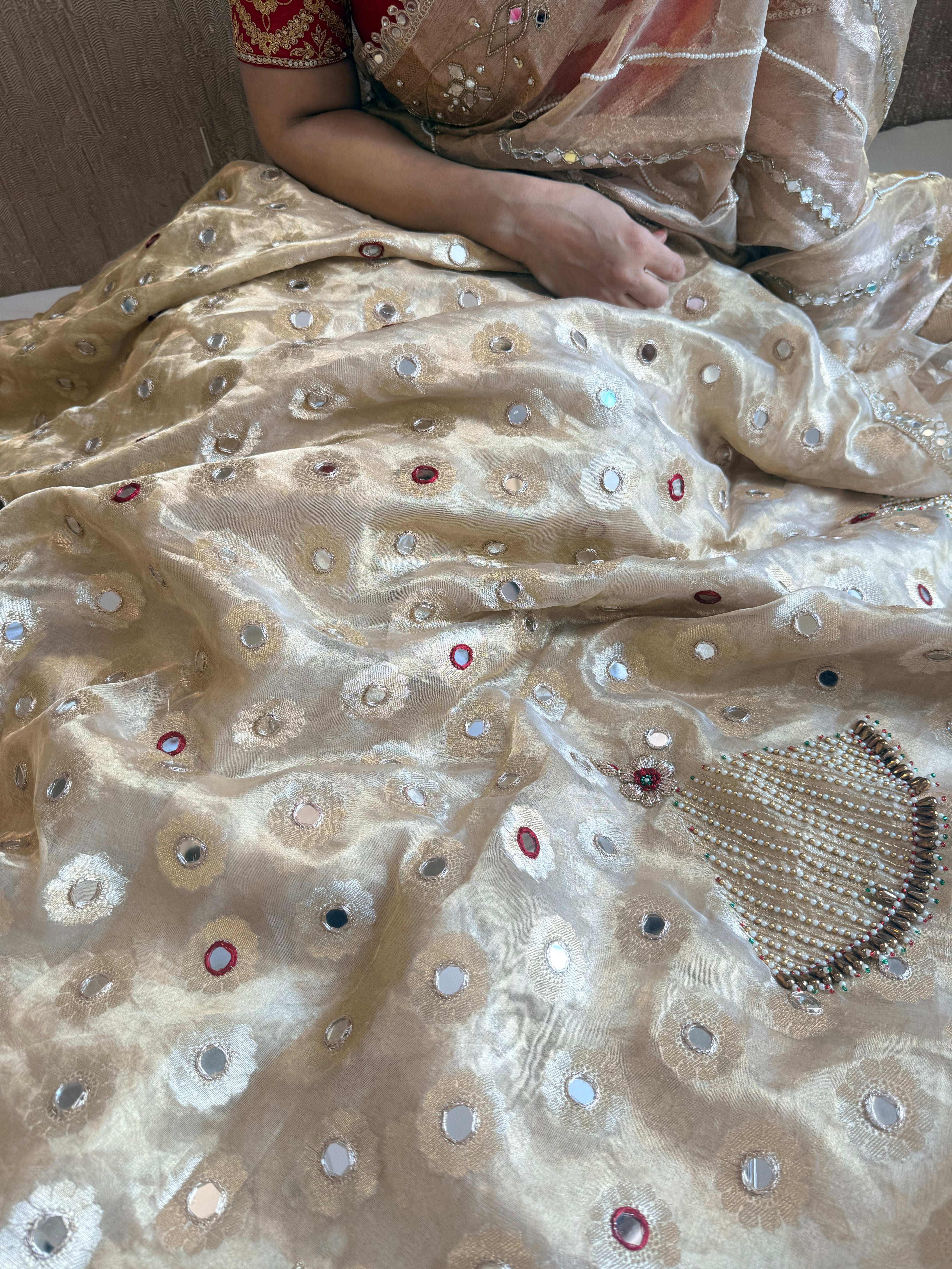 Butter gold tissue silk hand embroidered mirror work kadhwa saree