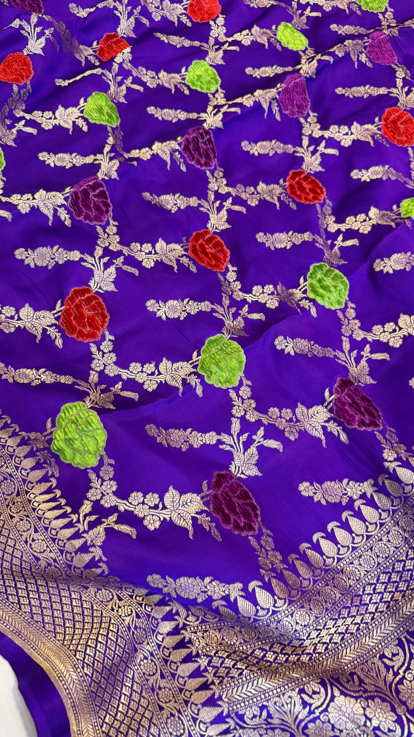 Deep purple banarasi mashru silk velvet buti kadhwa weaving saree