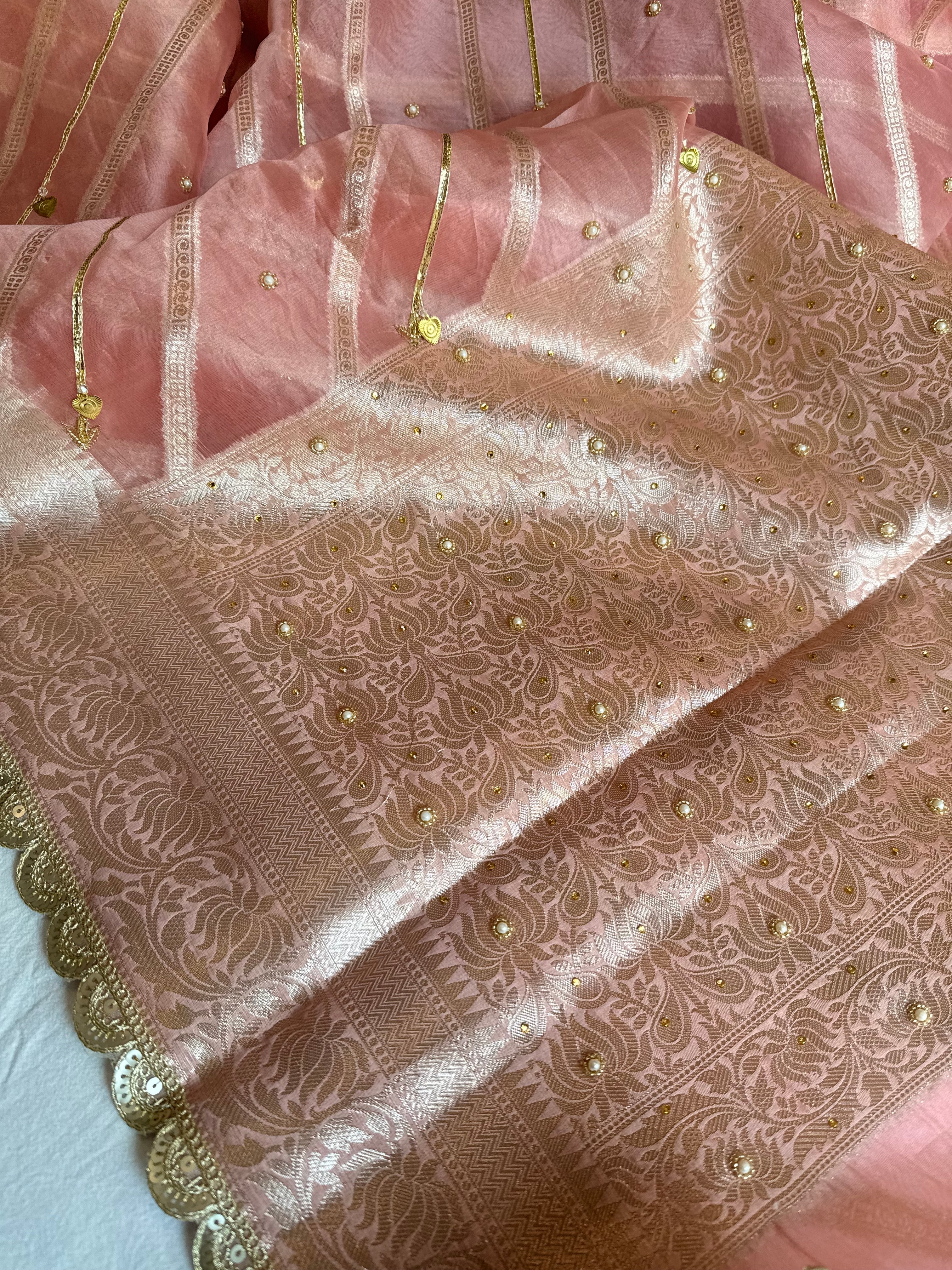 Kora silk kadhwa striped gotapatti work hand embroidered saree