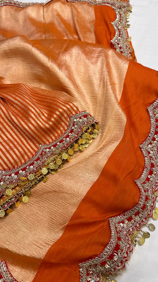 Moonga crushed tissue silk deep bright orange saree