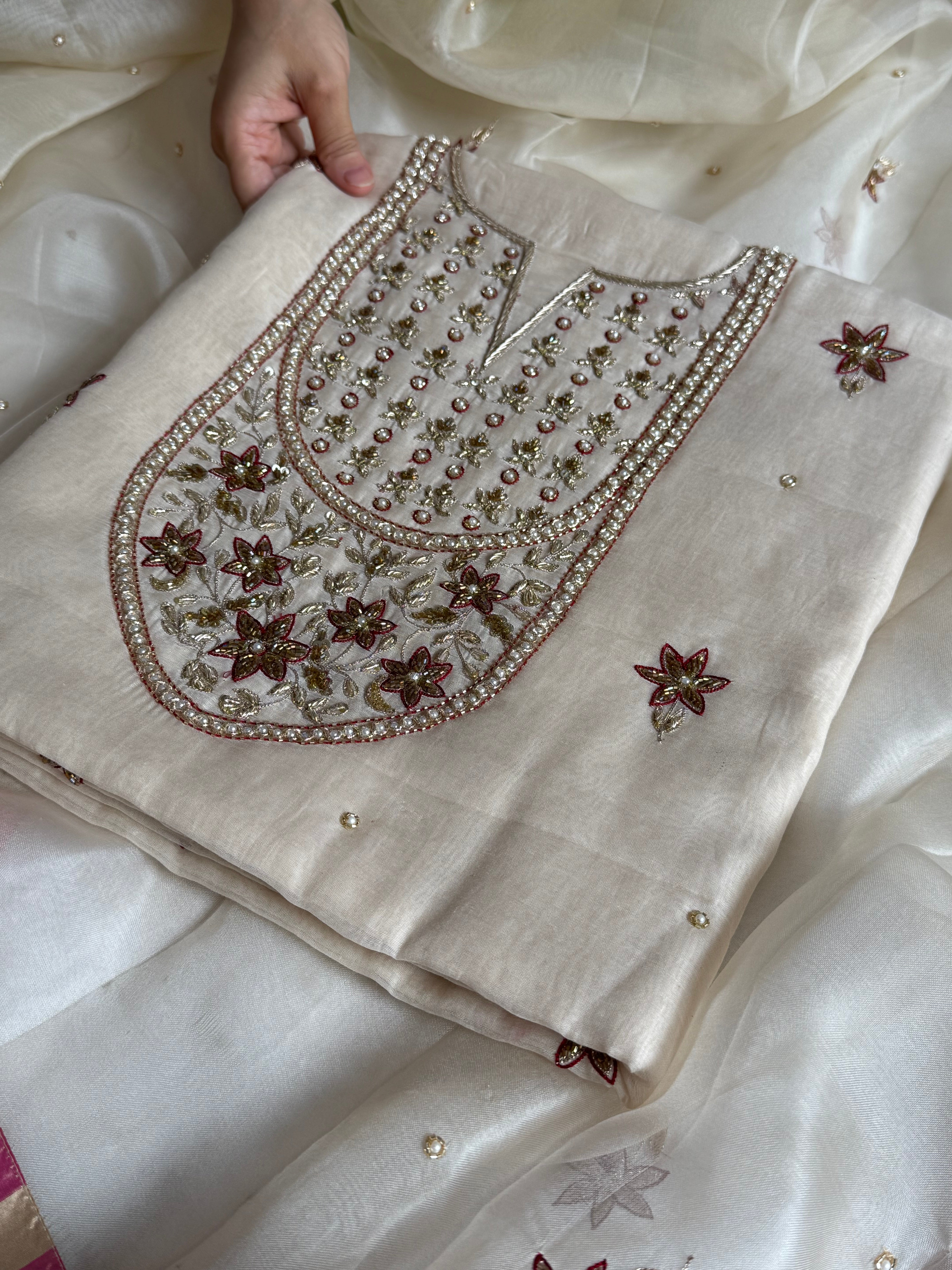 Banarasi formal wear mul cotton off white hand embroidered suit set banarasi border kora silk duppata