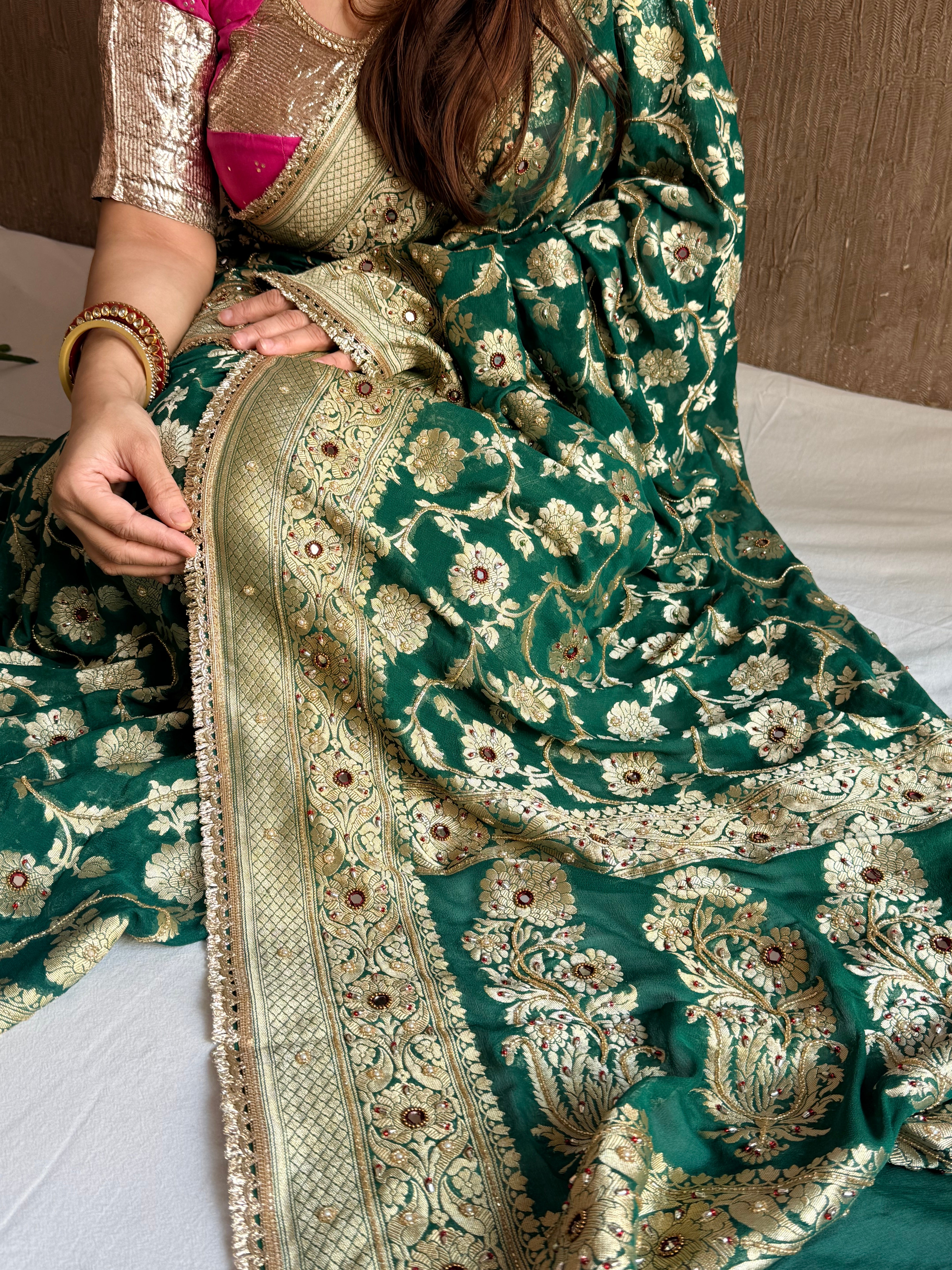 Banarasi chiffon gorgette kadhwa jaal weaving hand embroidered saree