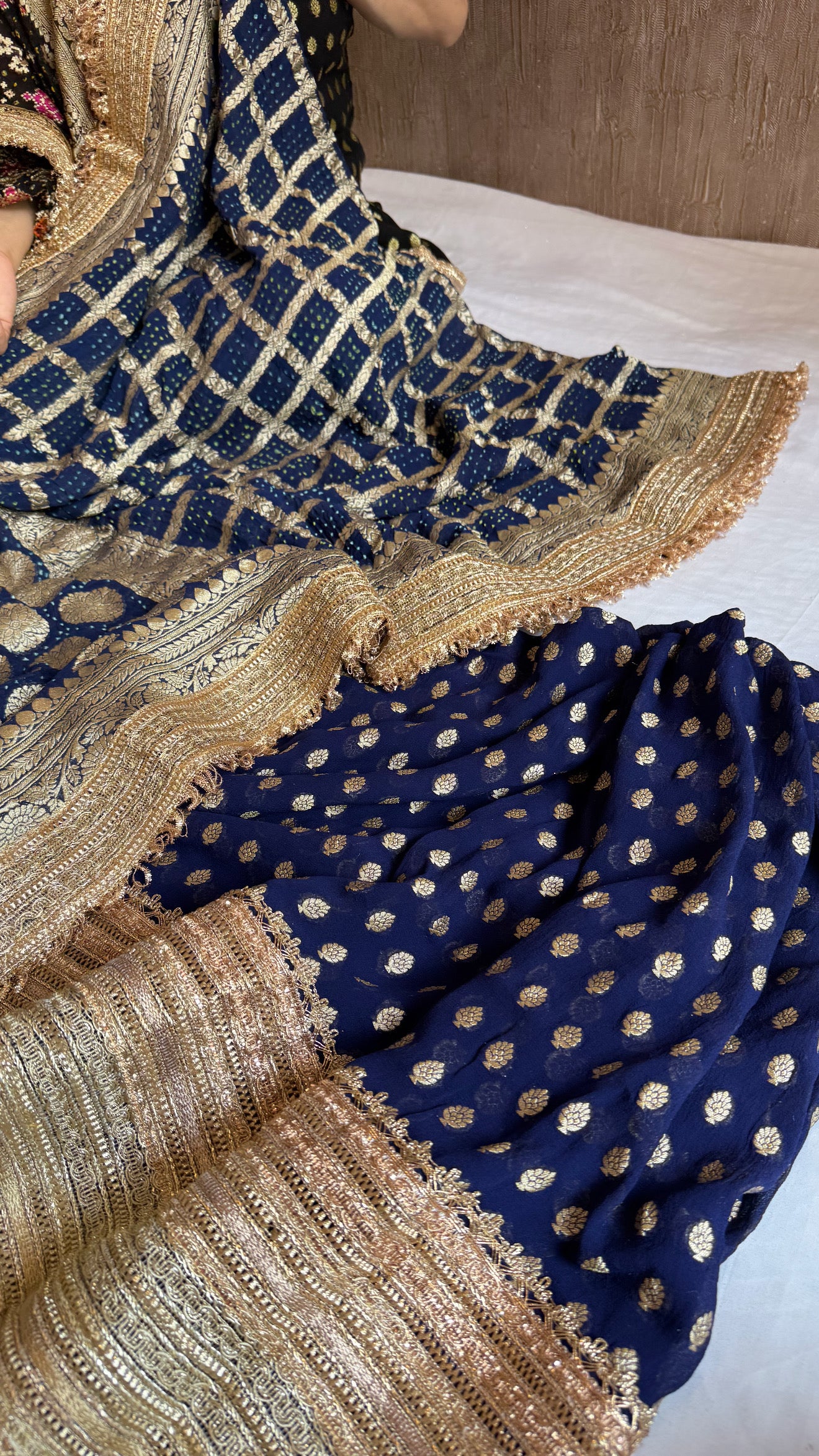 Navy blue banarasi rai bandhej gorgette gotapatti suit set