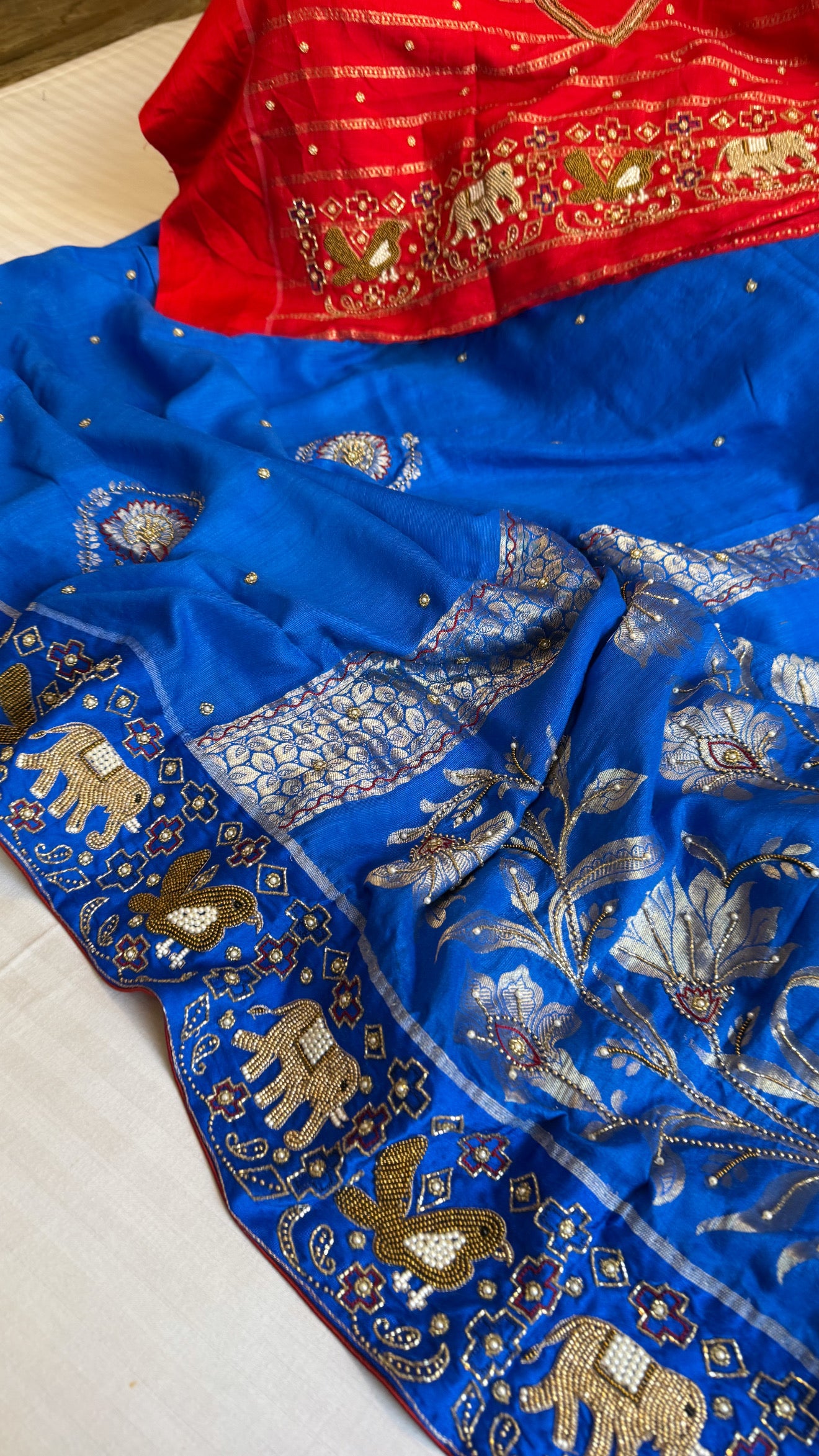 Moonga silk inspired ikkat patola inspired hand embroidered kadhwa saree