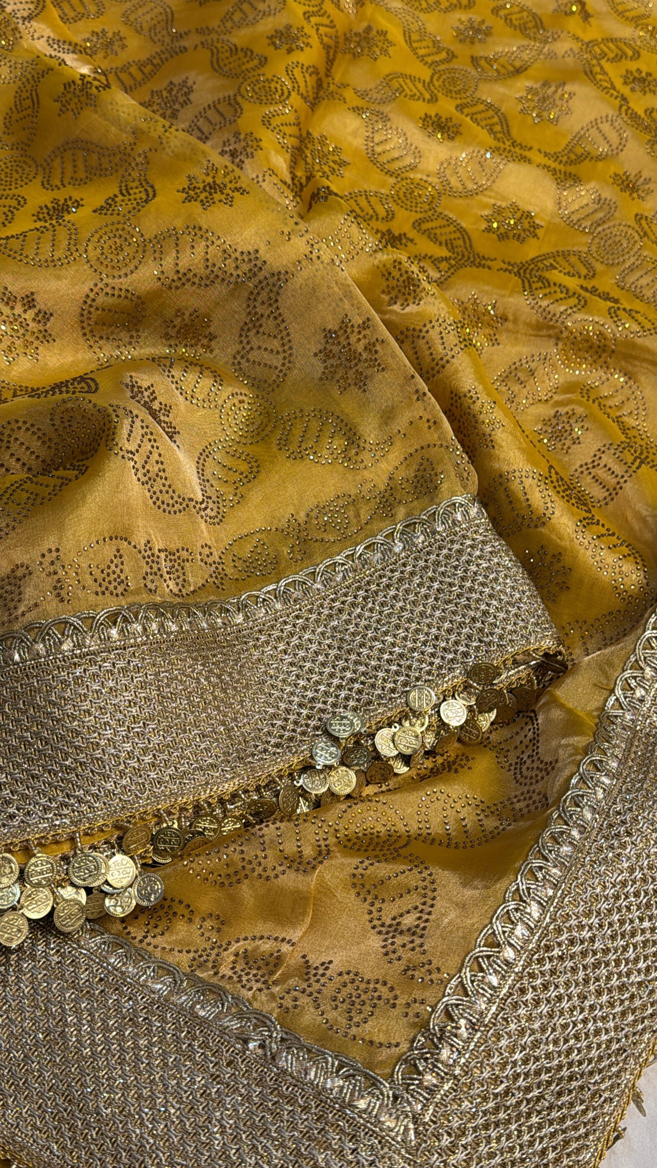 Maharani sitara stonework haldi yellow tissue silk kadhwa saree