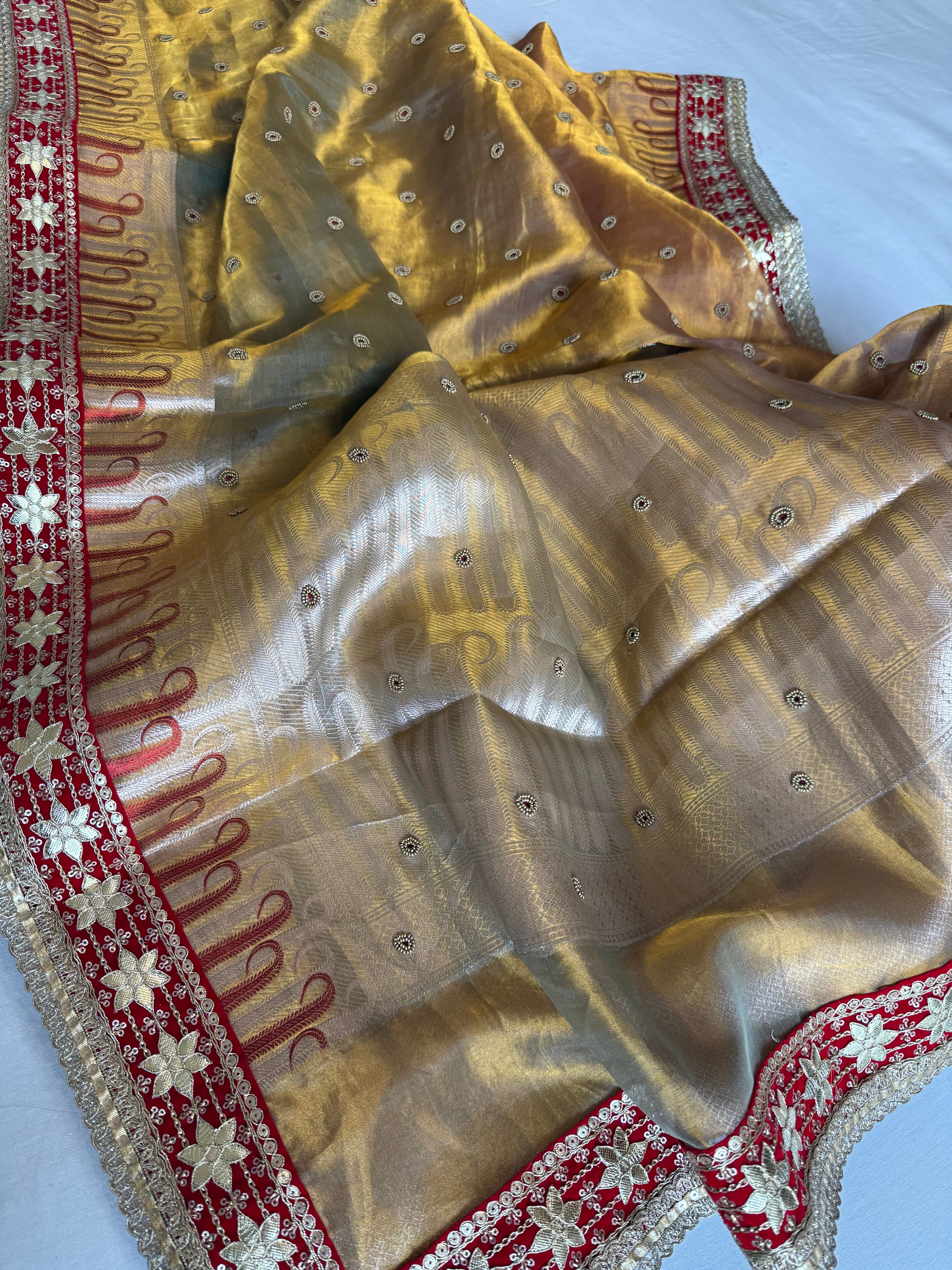 Kanjivaram gold tissue silk red meenakari hand embroidered kadhwa saree