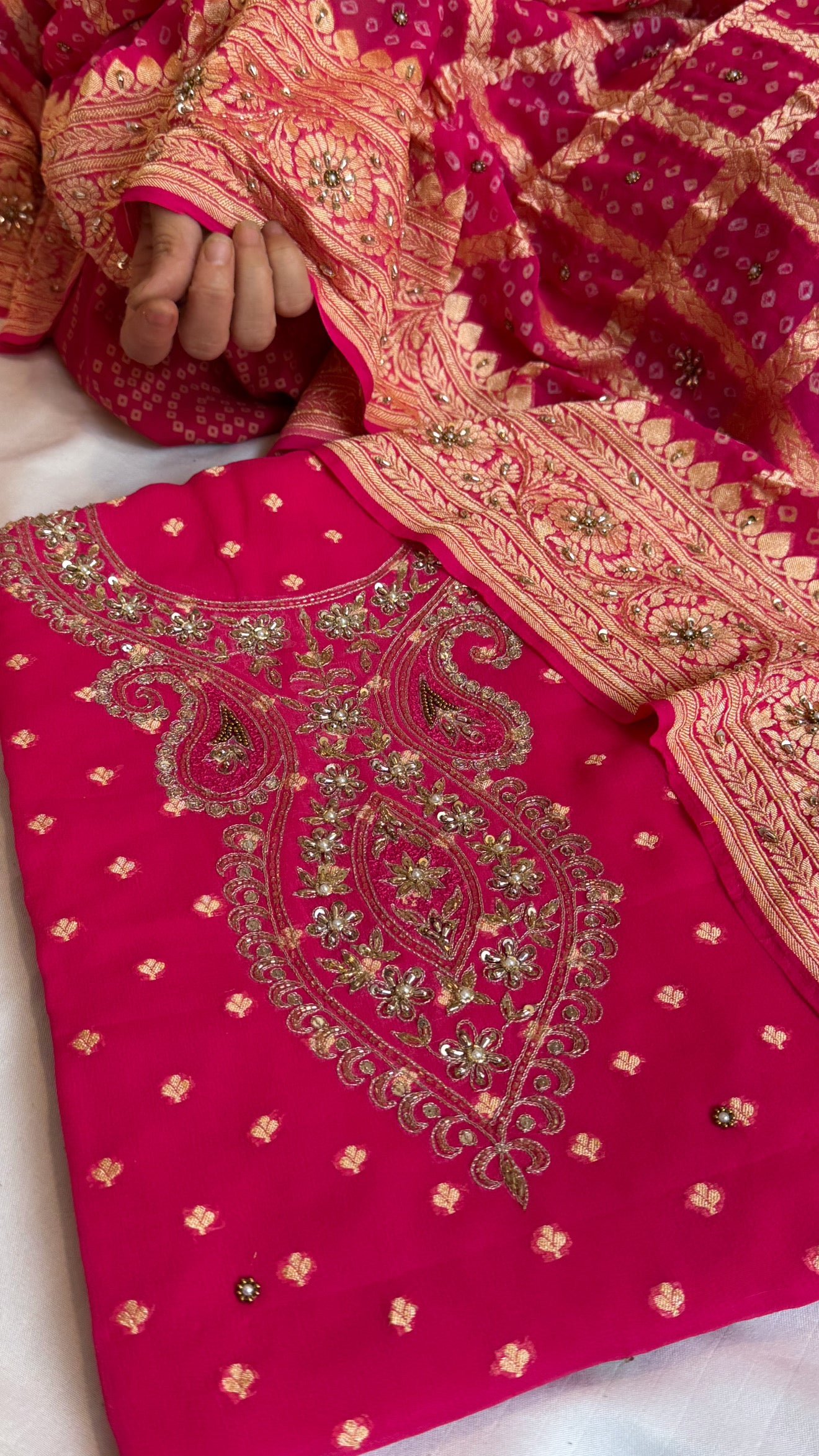Hot fuschia pink rai bandhej Banarasi gorgette kadhwa hand embroidered suit set