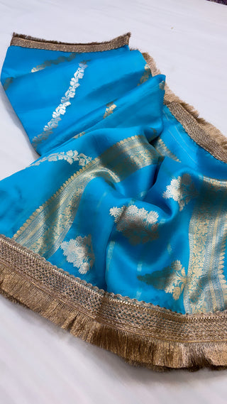 Firozi blue shade leela kora silk jungla saree